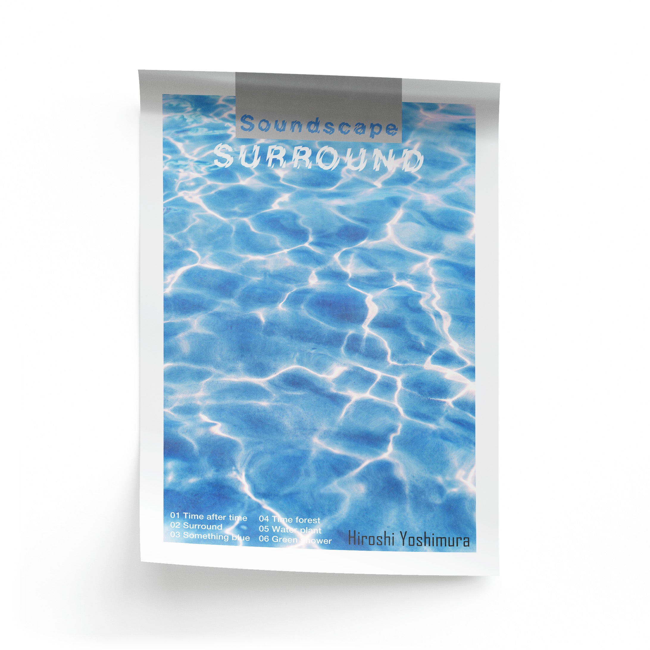Poster with water pattern and text 'Soundscape SURROUND' on a white background