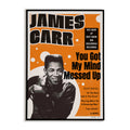 Promotional poster for James Carr with an orange background and black text.