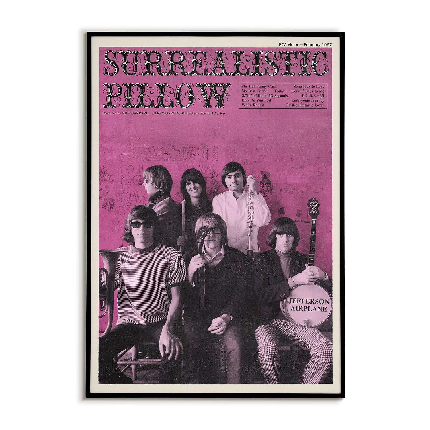 Poster of Jefferson Airplane with pink background and band members.