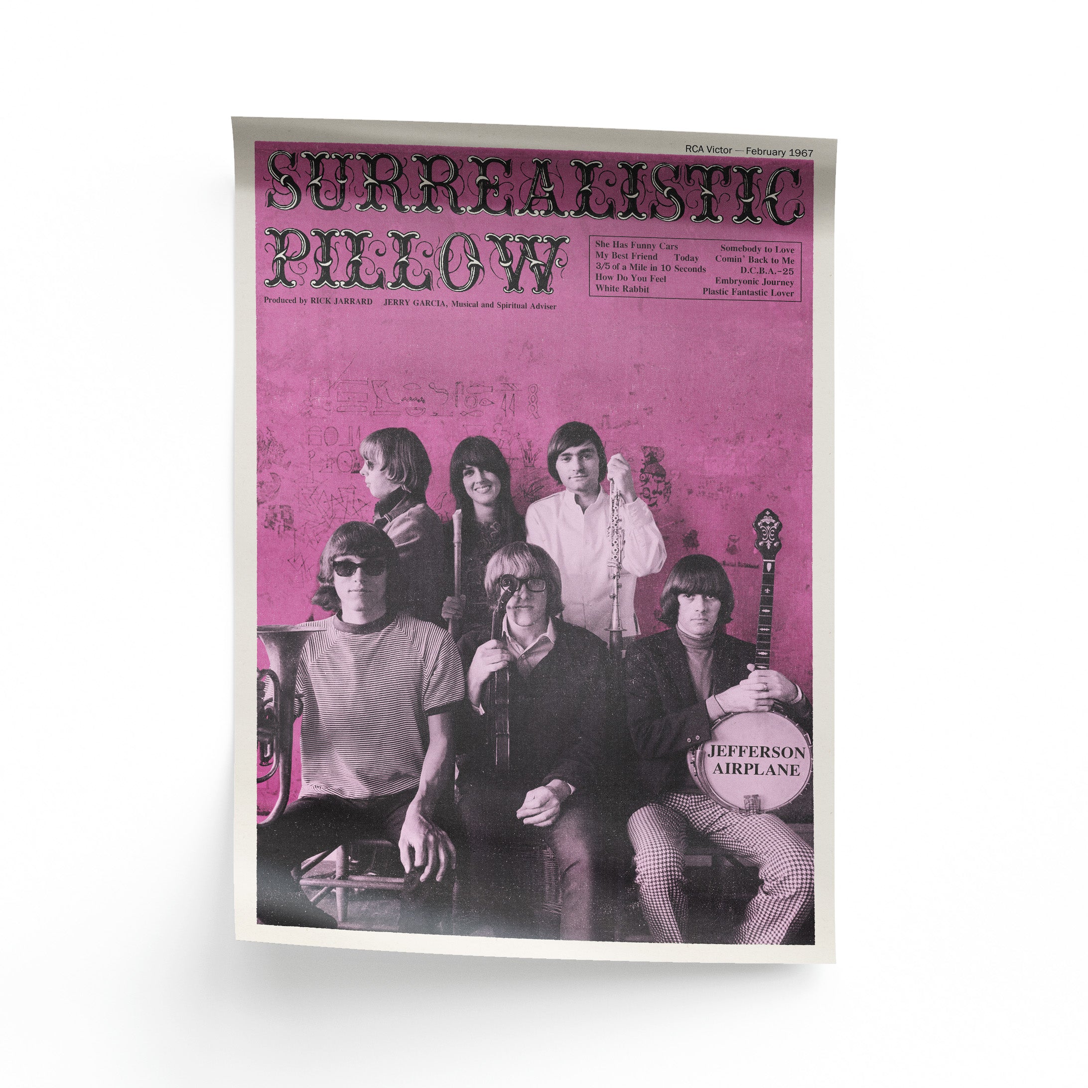 Poster of Jefferson Airplane with 'Surrealistic Pillow' album cover design on a pink background