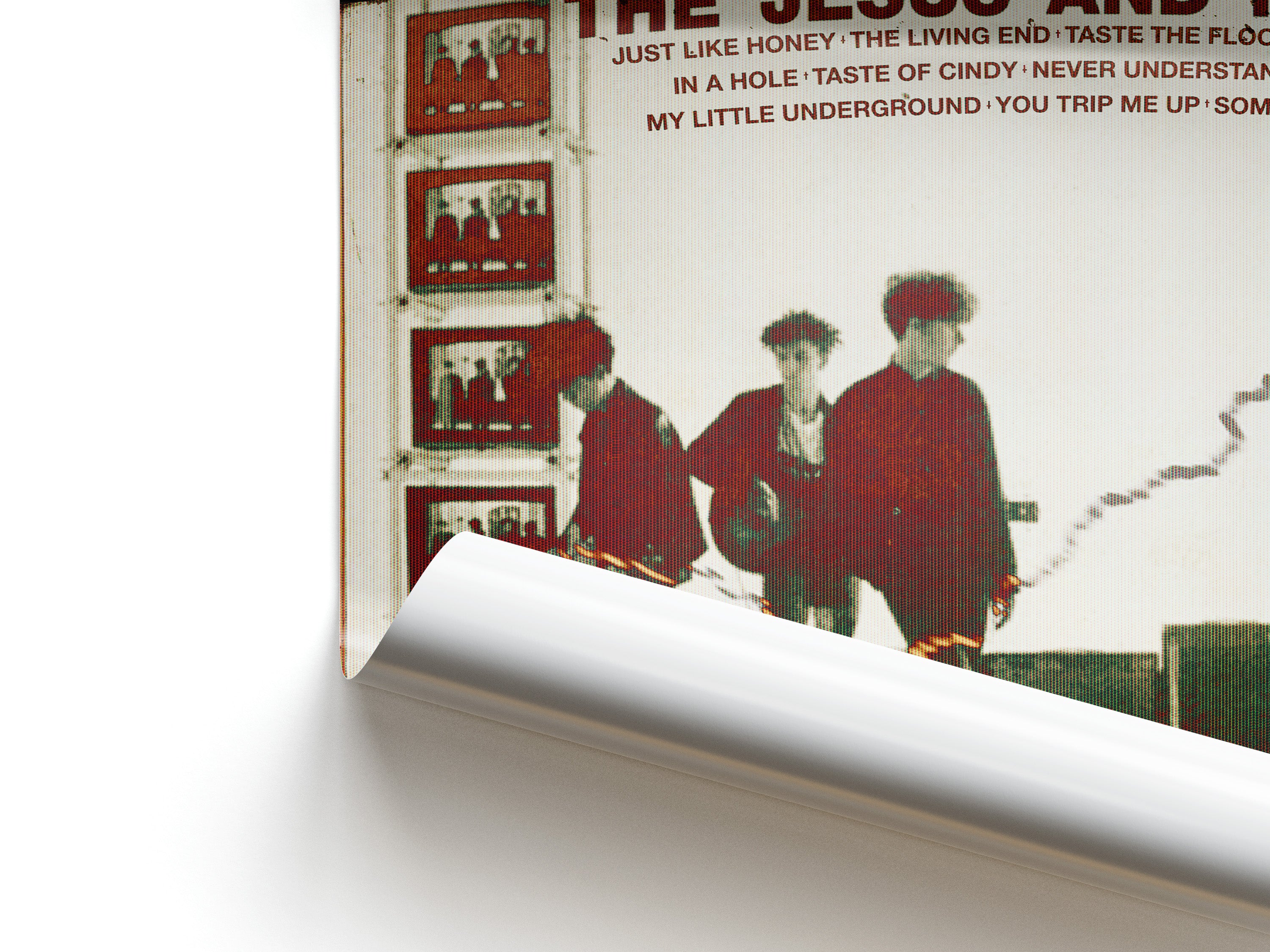 Album cover with text and images of people in red outfits on a white background