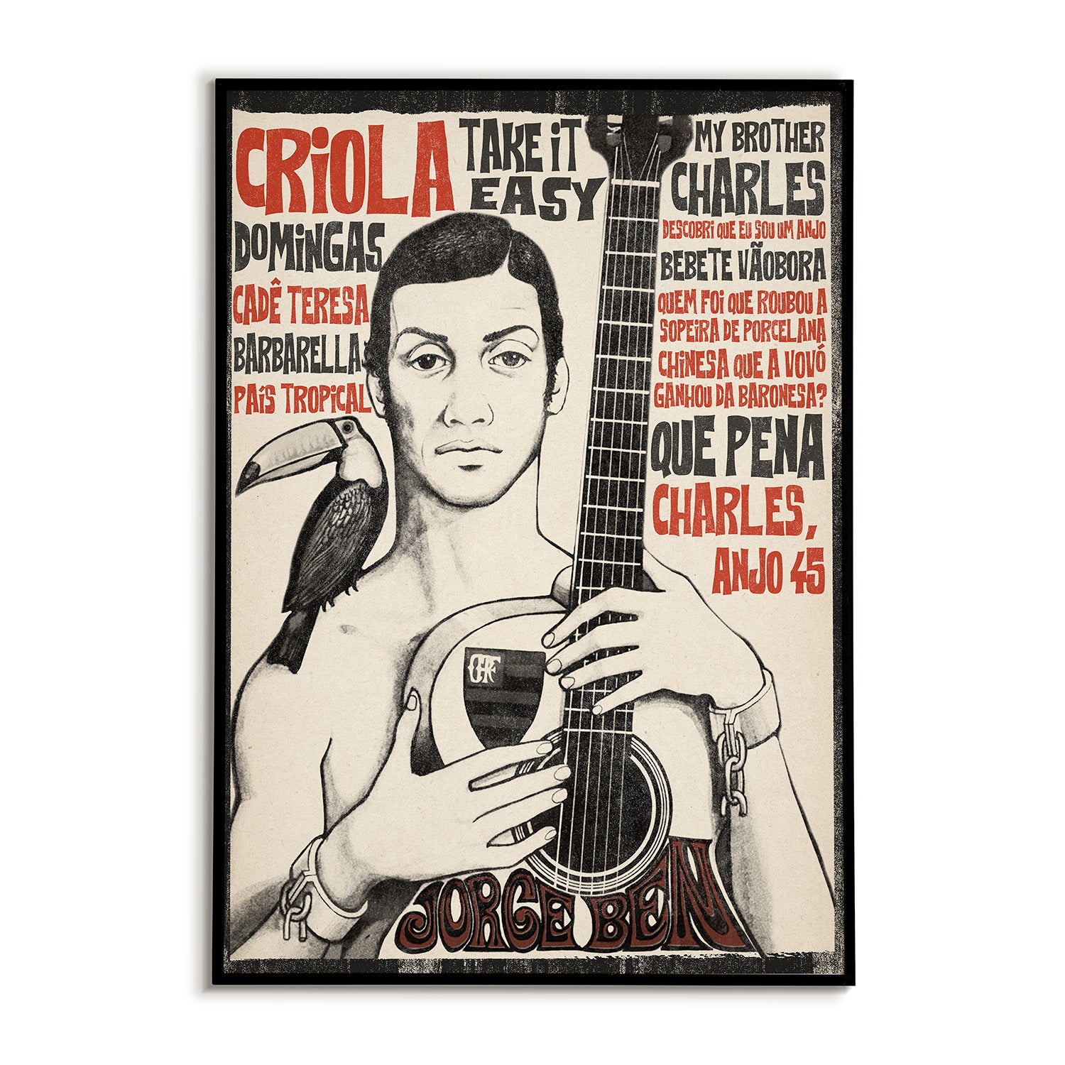Poster of a person holding a guitar with text and a toucan illustration.