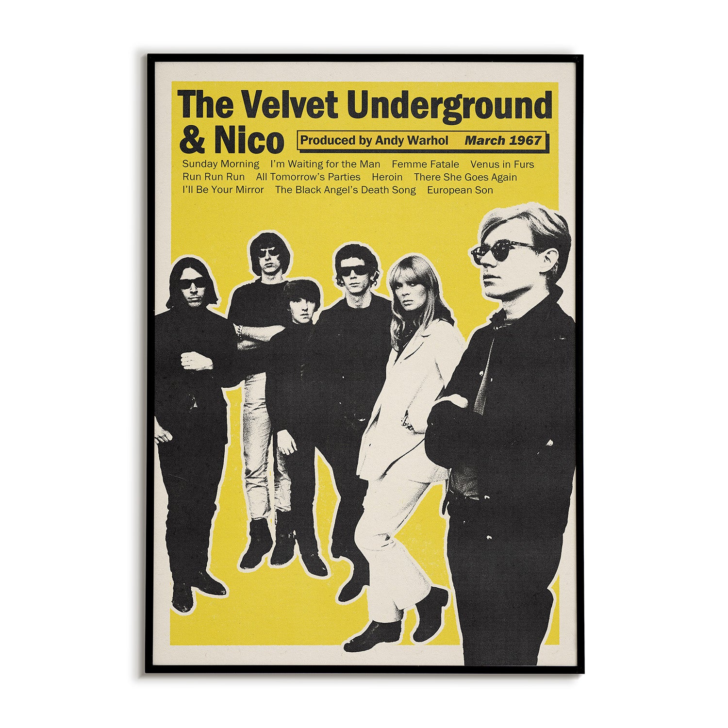 Poster of The Velvet Underground & Nico with band members on a yellow background