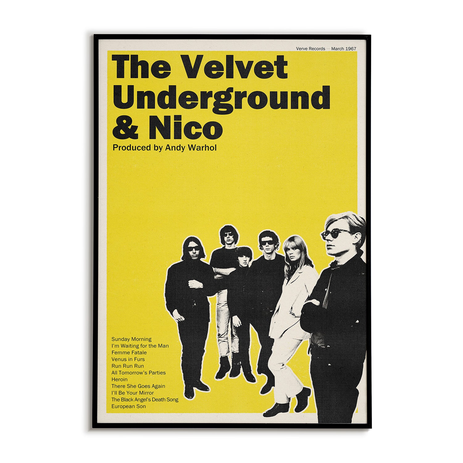 Poster of 'The Velvet Underground & Nico' with band members and yellow background