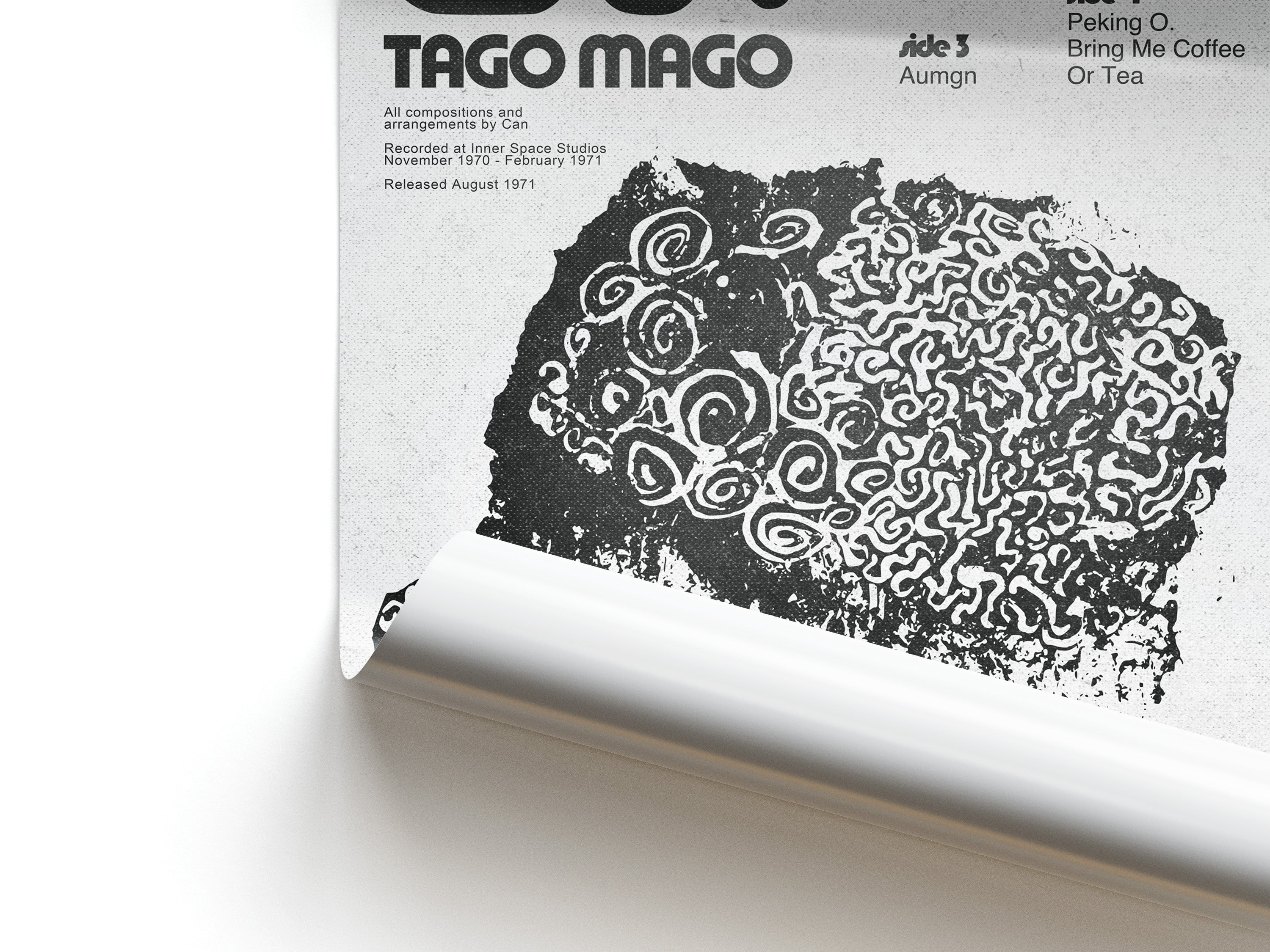 Can Tago Mago poster with abstract cover art design and text on a white background
