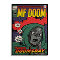 Comic book-style poster of MF Doom with colorful text and superhero-like design.