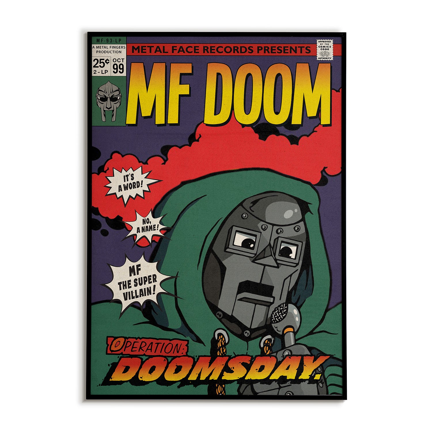 Comic book-style poster of MF Doom with colorful text and superhero-like design.