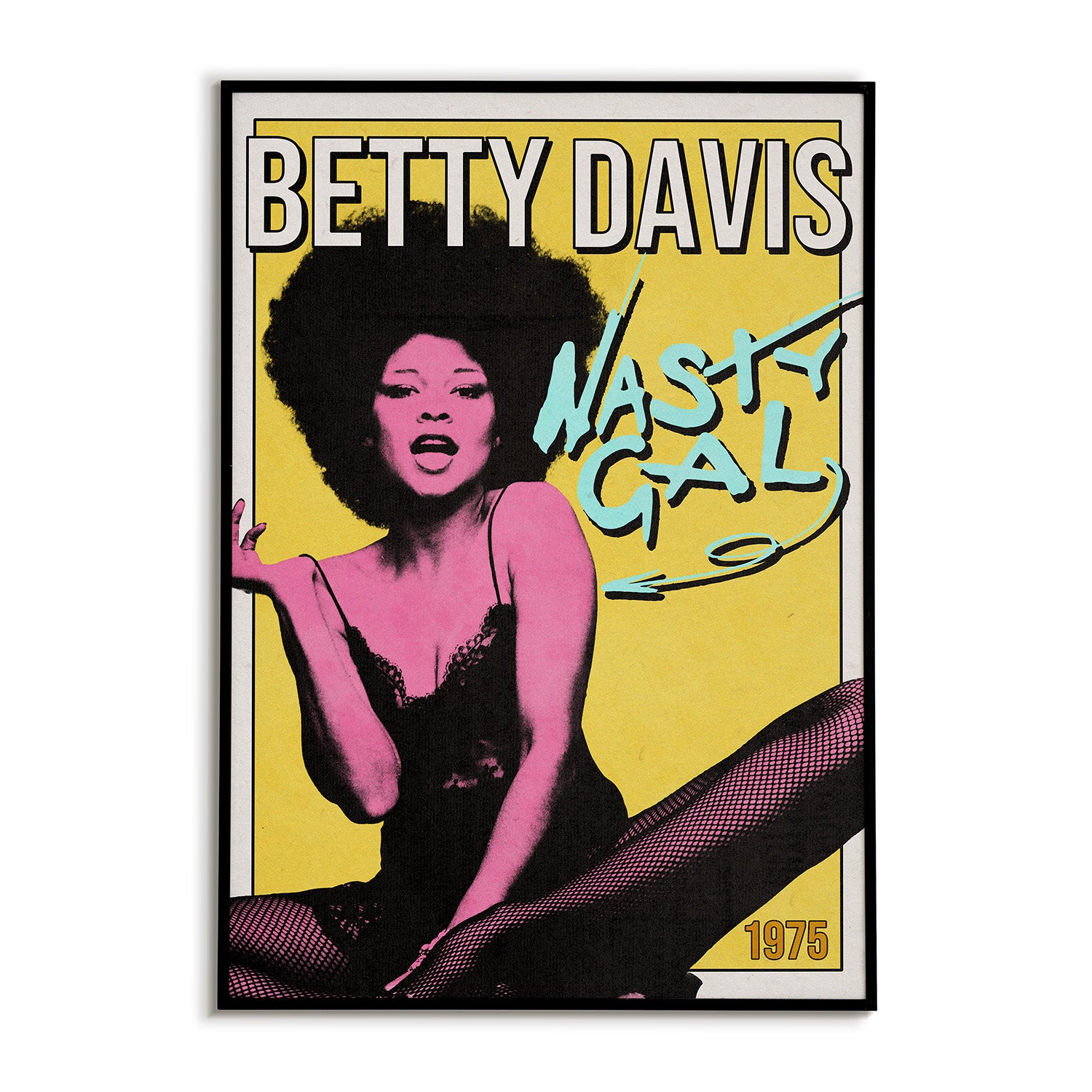 Poster of Betty Davis with a stylized design on a yellow background