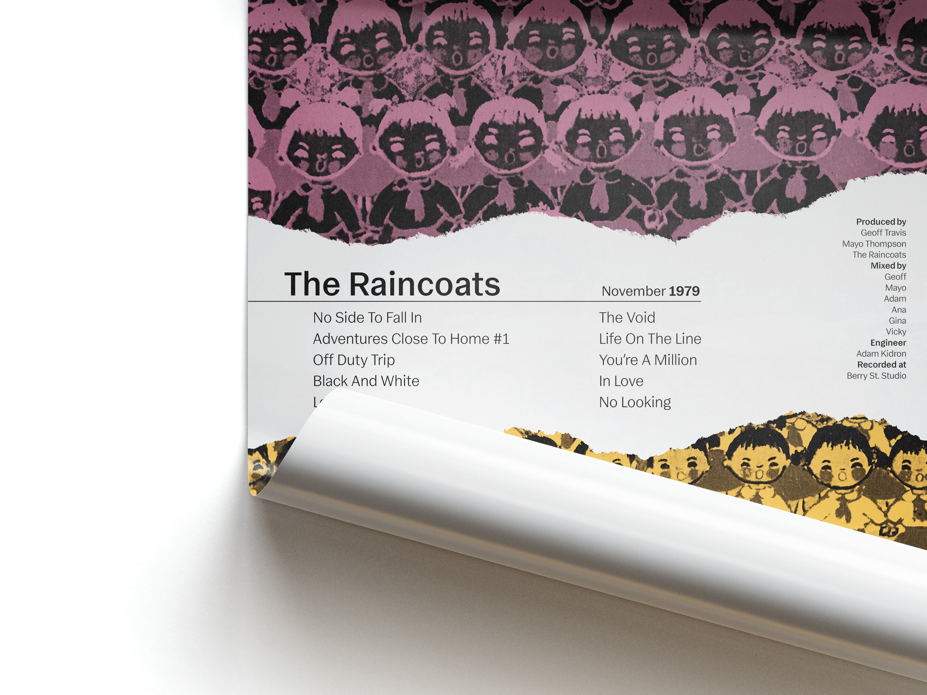 Pink and orange poster for The Raincoats 1979 record with the track list and release date in the middle and recording/production credits on the right side.