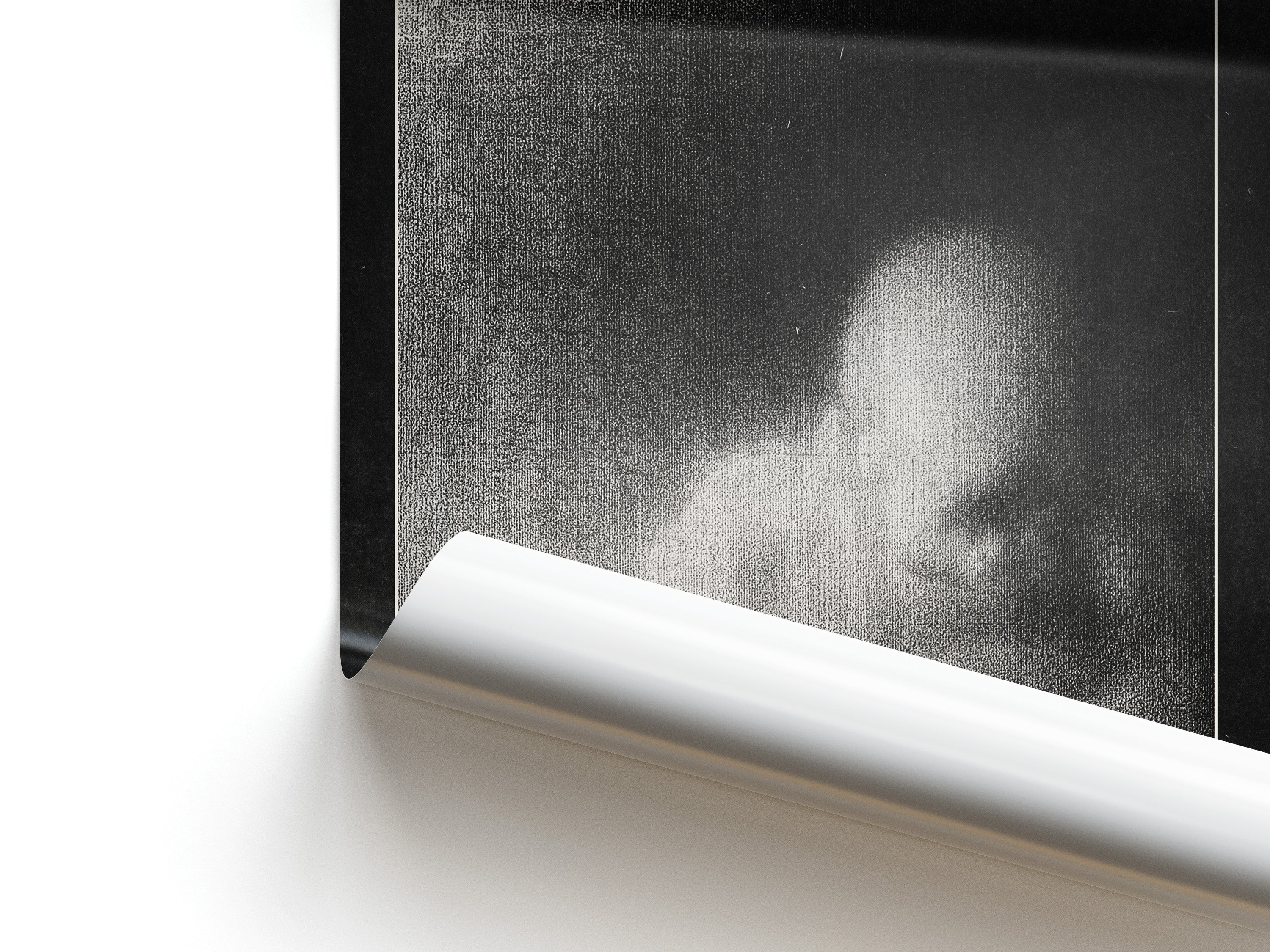 Close Up of a poster depicting a abstract, blurry black and white illustration of a baby.
