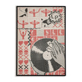 Framed artwork with vinyl record and abstract designs on a patterned background