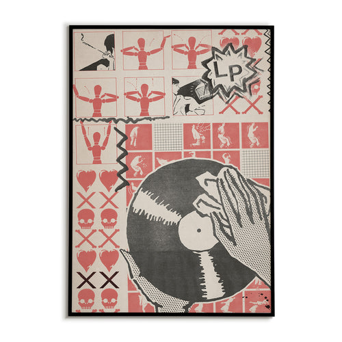 Framed artwork with vinyl record and abstract designs on a patterned background