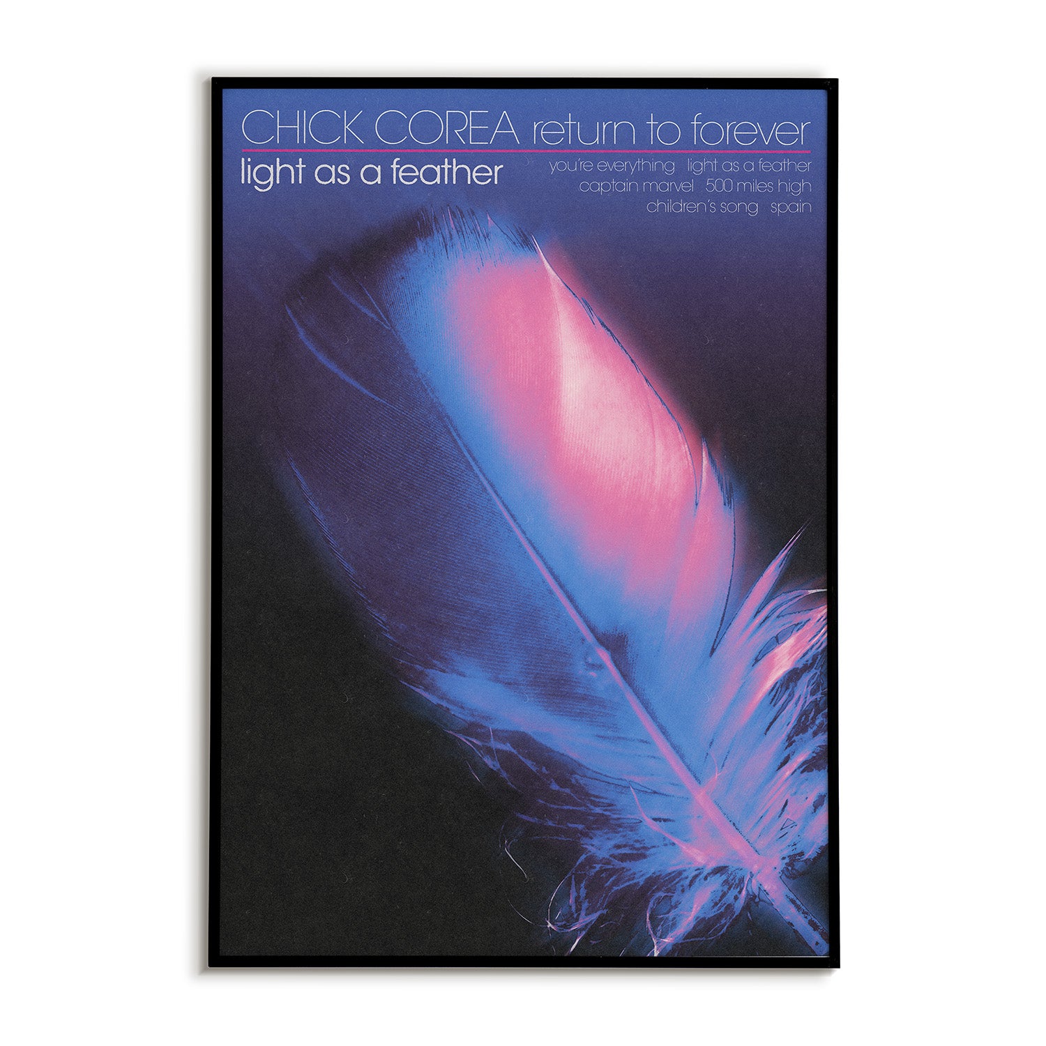 Poster of Chick Corea's 'Light as a Feather' with a pink and blue feather design.