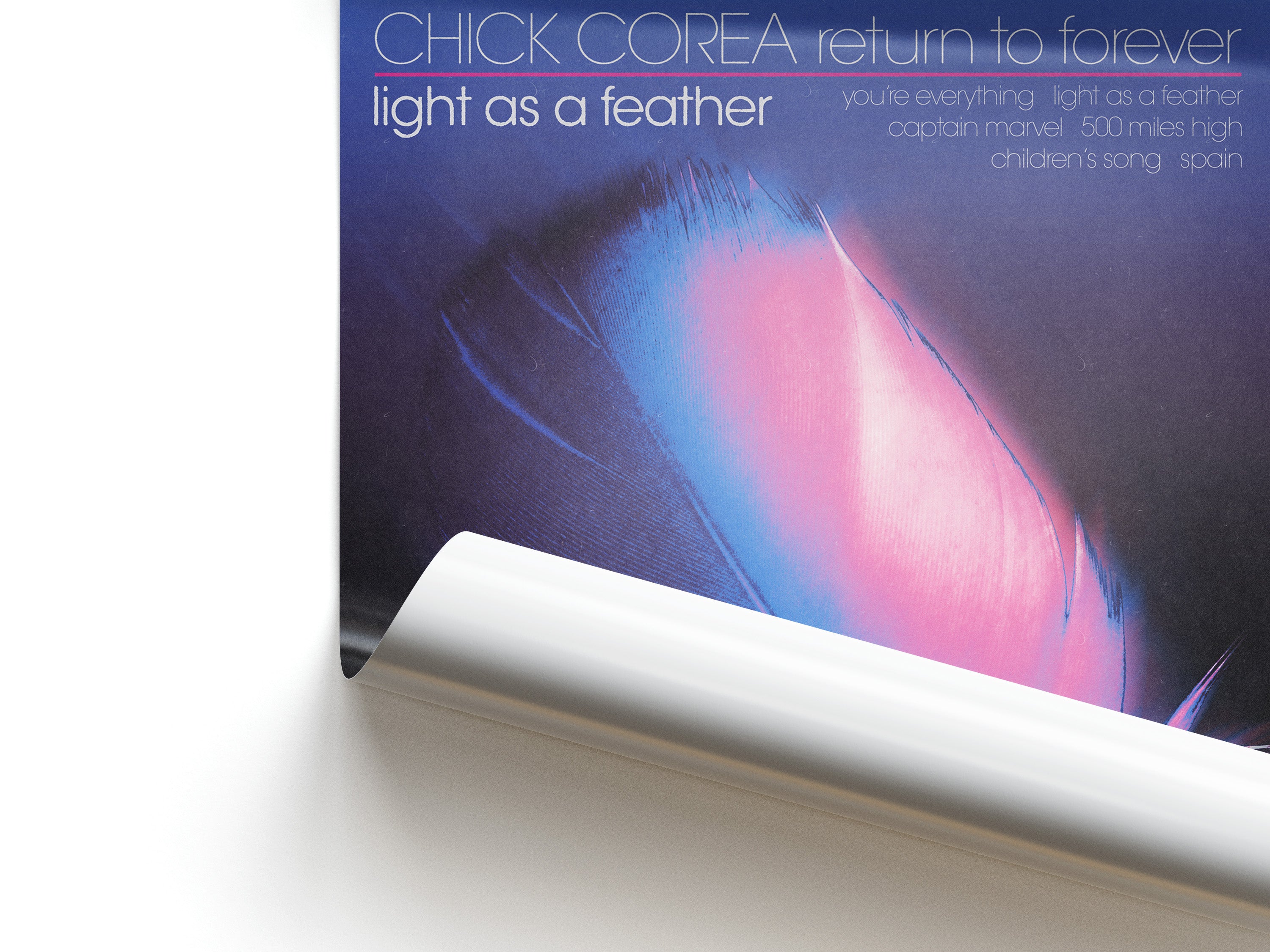 Album cover of 'Light as a Feather' by Chick Corea with a muted psychedelic feather design.