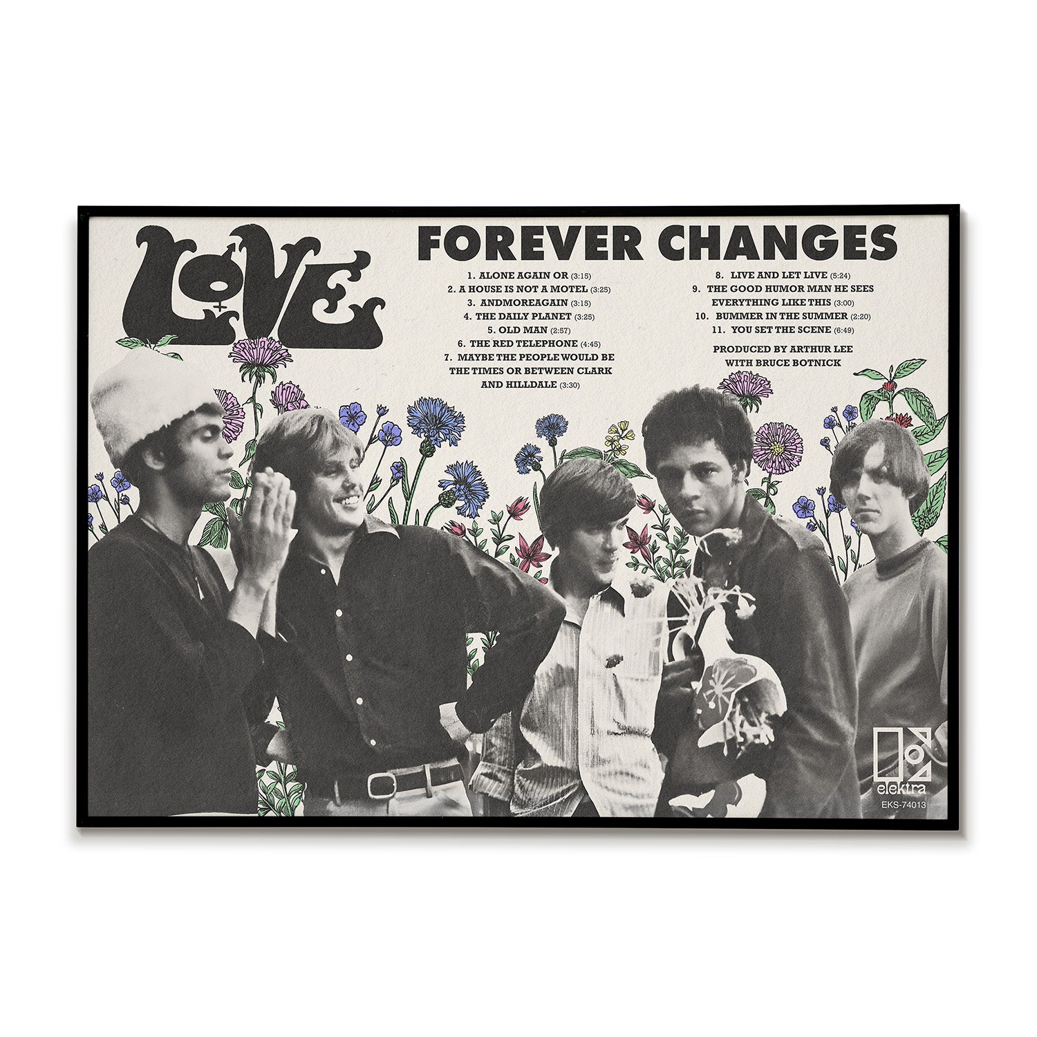 Album poster with a group of people and floral elements, featuring the title 'Forever Changes' and record track list.