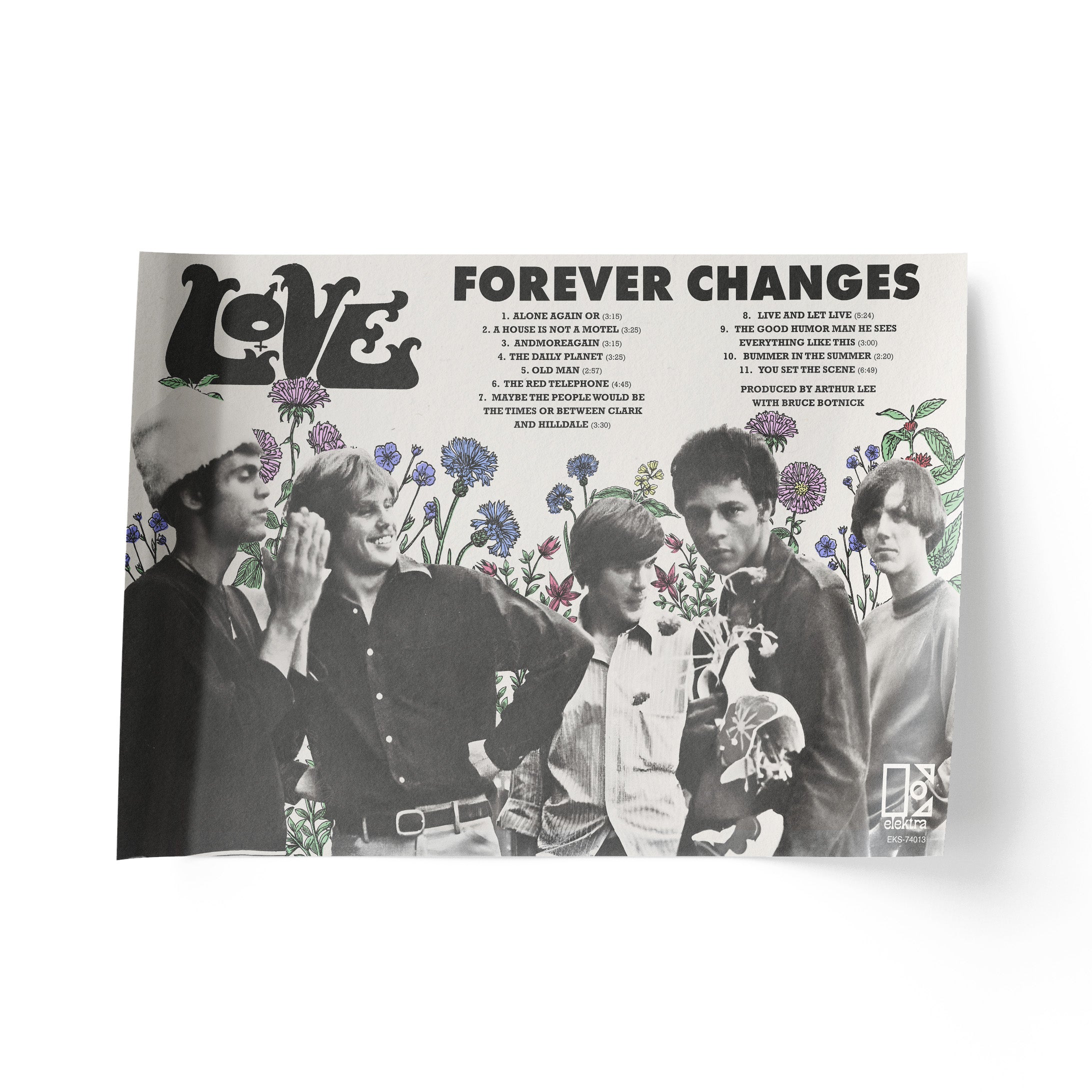 Album cover with text 'Forever Changes' and a black and white photo of five people with a colorful illustration of flowers growing behind them.