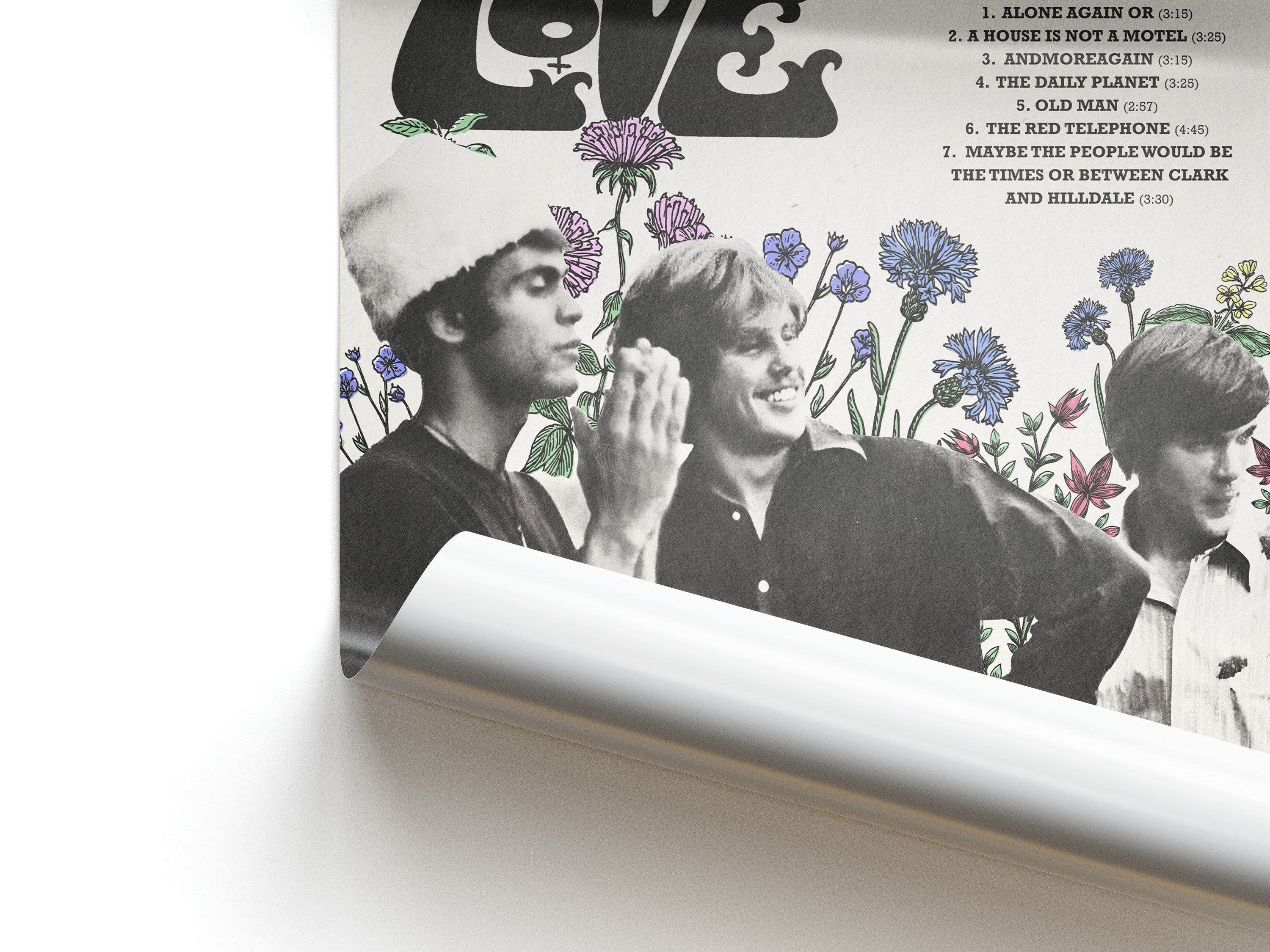 Album cover with black and white photos of three people and colorful flowers on a white background. Features the logo for the band Love alongside the tracklist for side one.