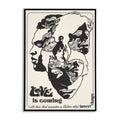 Framed artwork with stylized faces and text 'Love is coming' on a white background