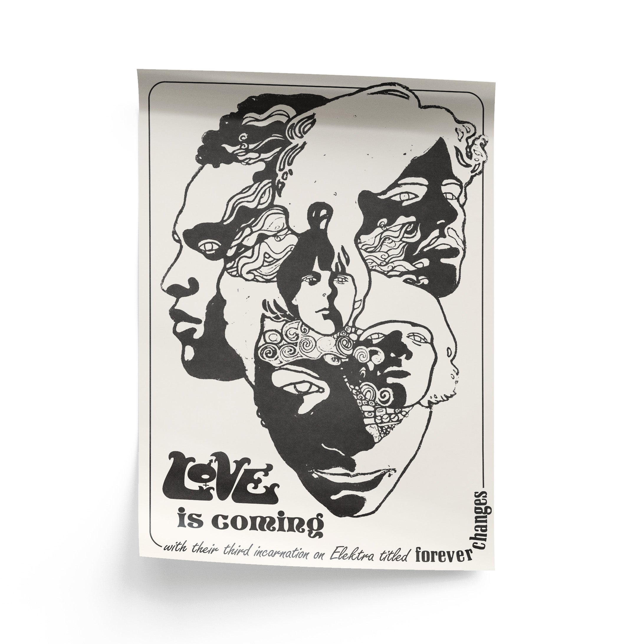 Black and white artistic design with faces and text on a white background