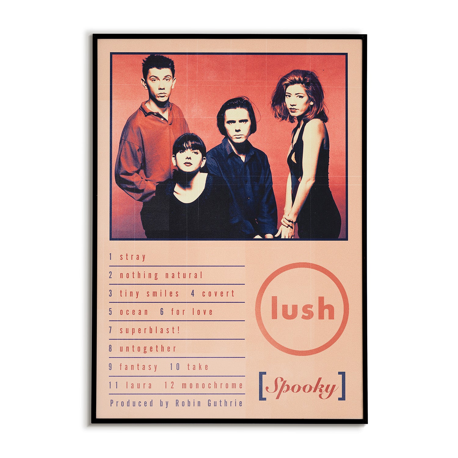 Album cover with band members and tracklist on a peach colored background. Includes the band logo and album title.