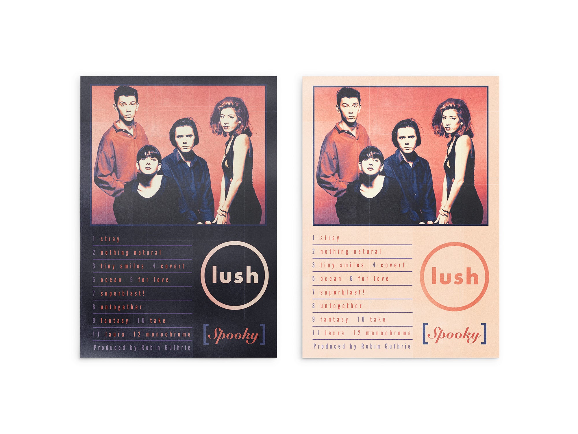 Two album covers for 'Spooky' by Lush featuring band members, track list, and producition credits on a white background.