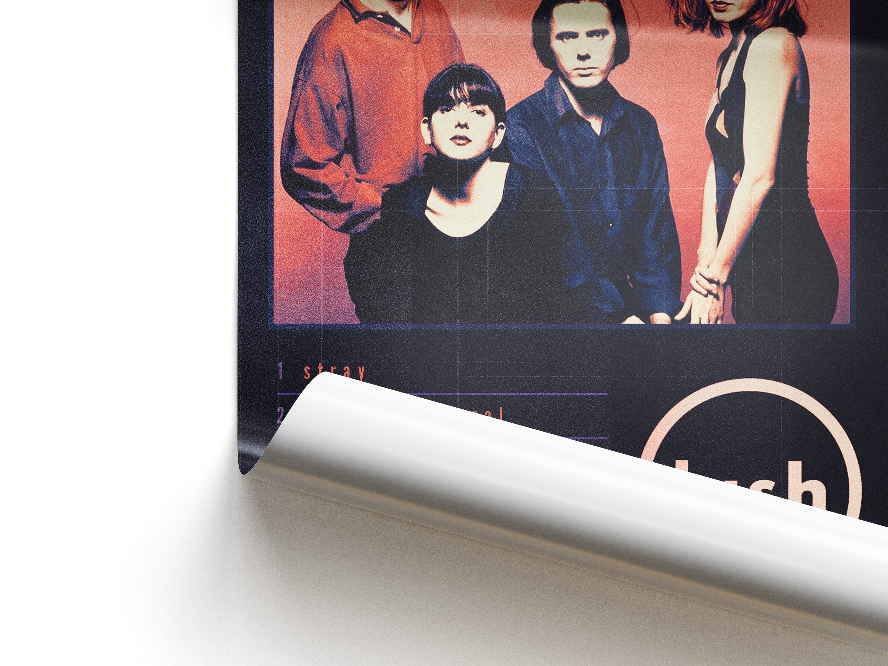 Poster for UK band Lush and their album Spooky. This design highlights the record's song list alongside a photo of the band.