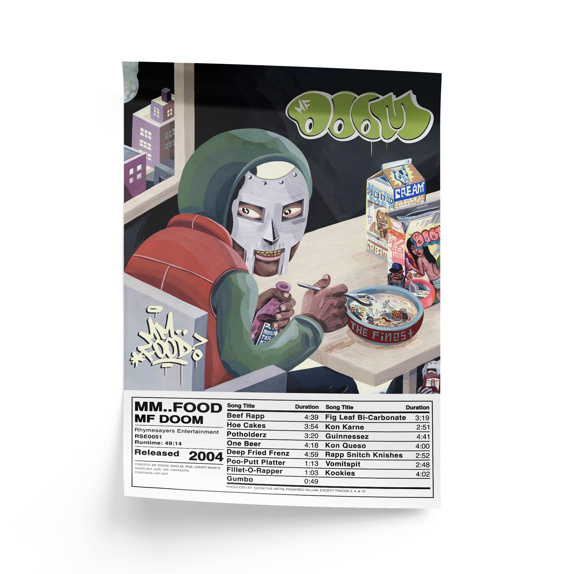 Album cover with a character eating cereal, featuring MF DOOM's 'MM..FOOD' album. Bottom half of the print parodies a nutritional label with track list, release info, and more.