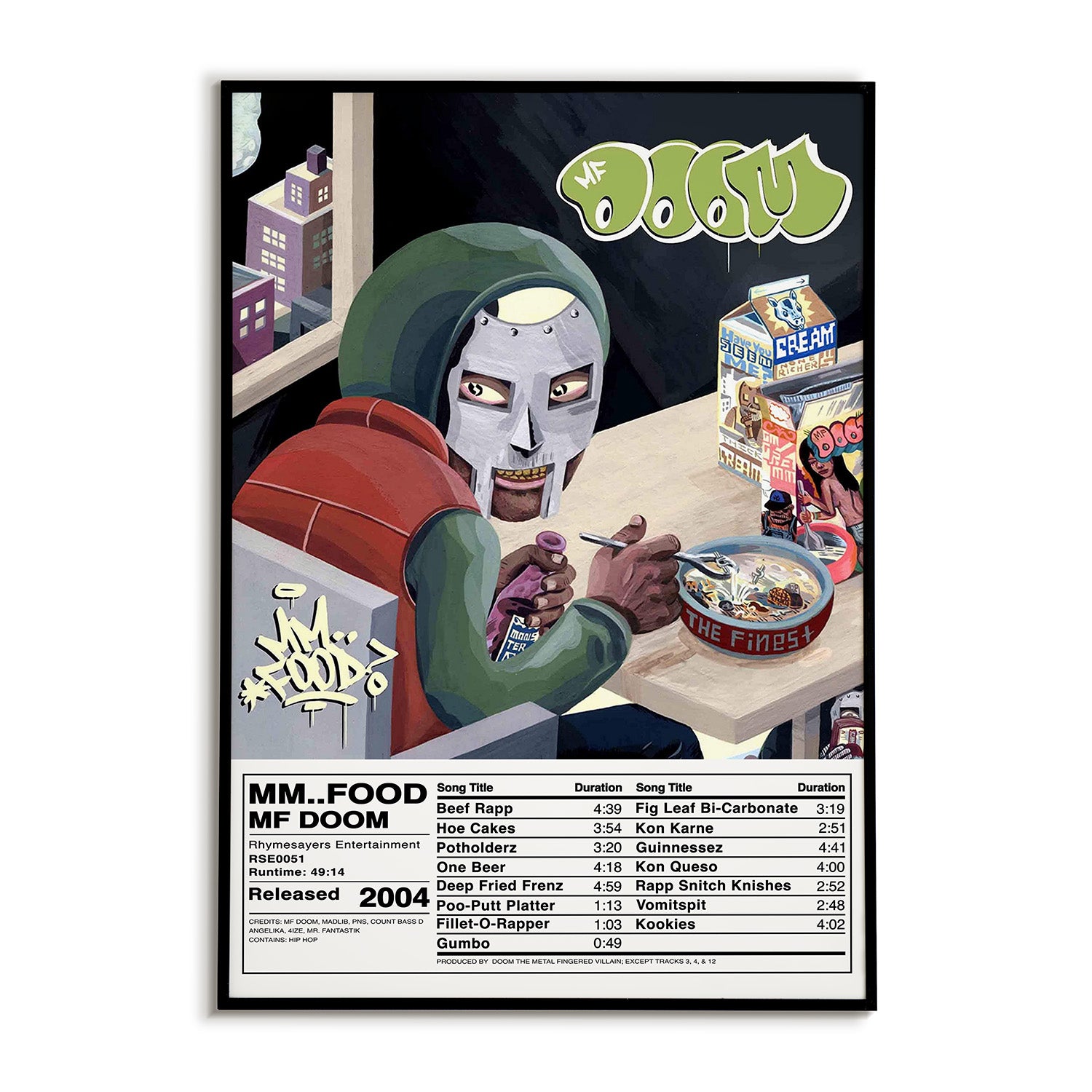 Album cover with a character sitting at a table, eating, and looking out a window.