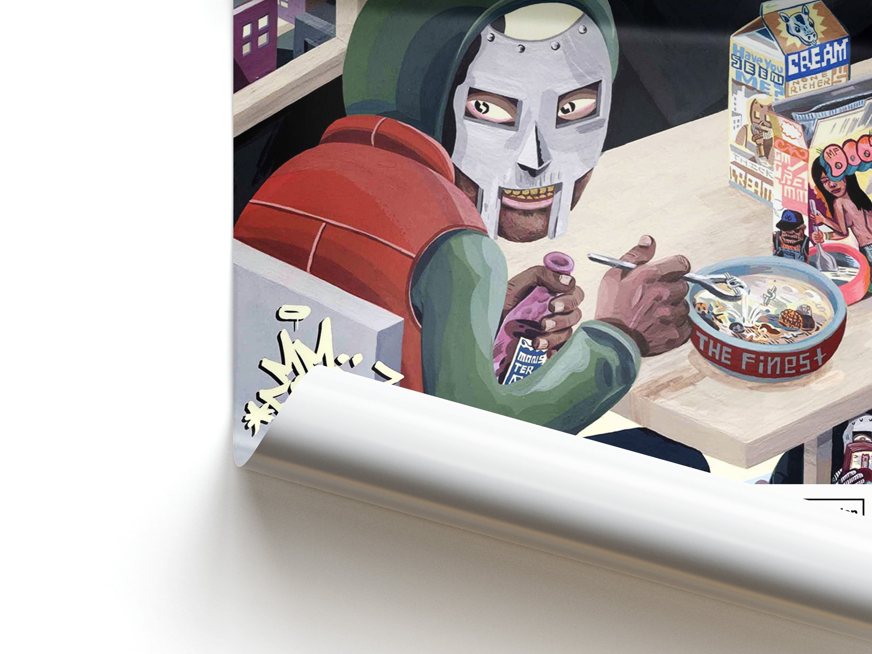 Illustration of a character eating cereal with a bottle, surrounded by various items on a table.