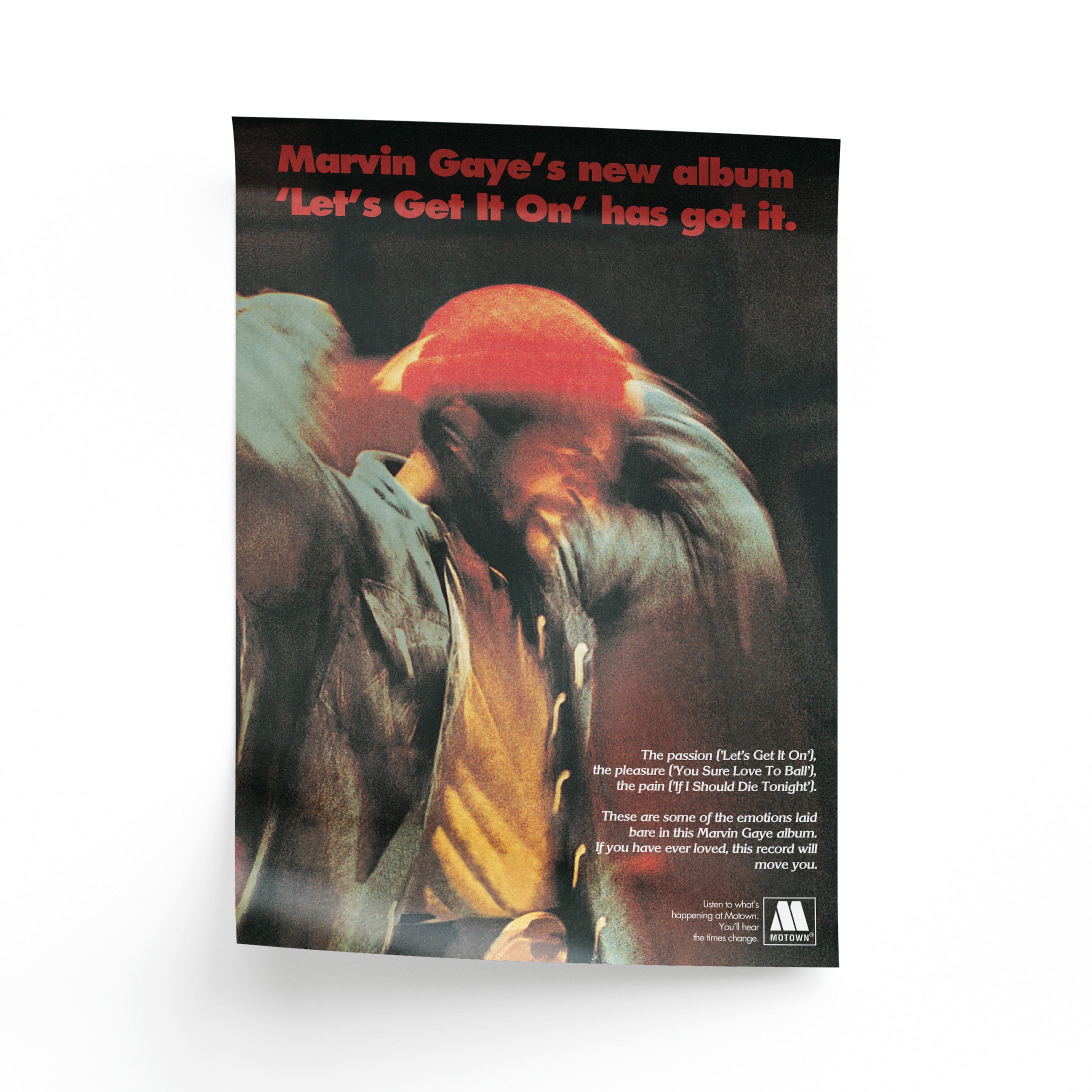 Advertisement for Marvin Gaye's album 'Let's Get It On' featuring a person wearing a red hat.