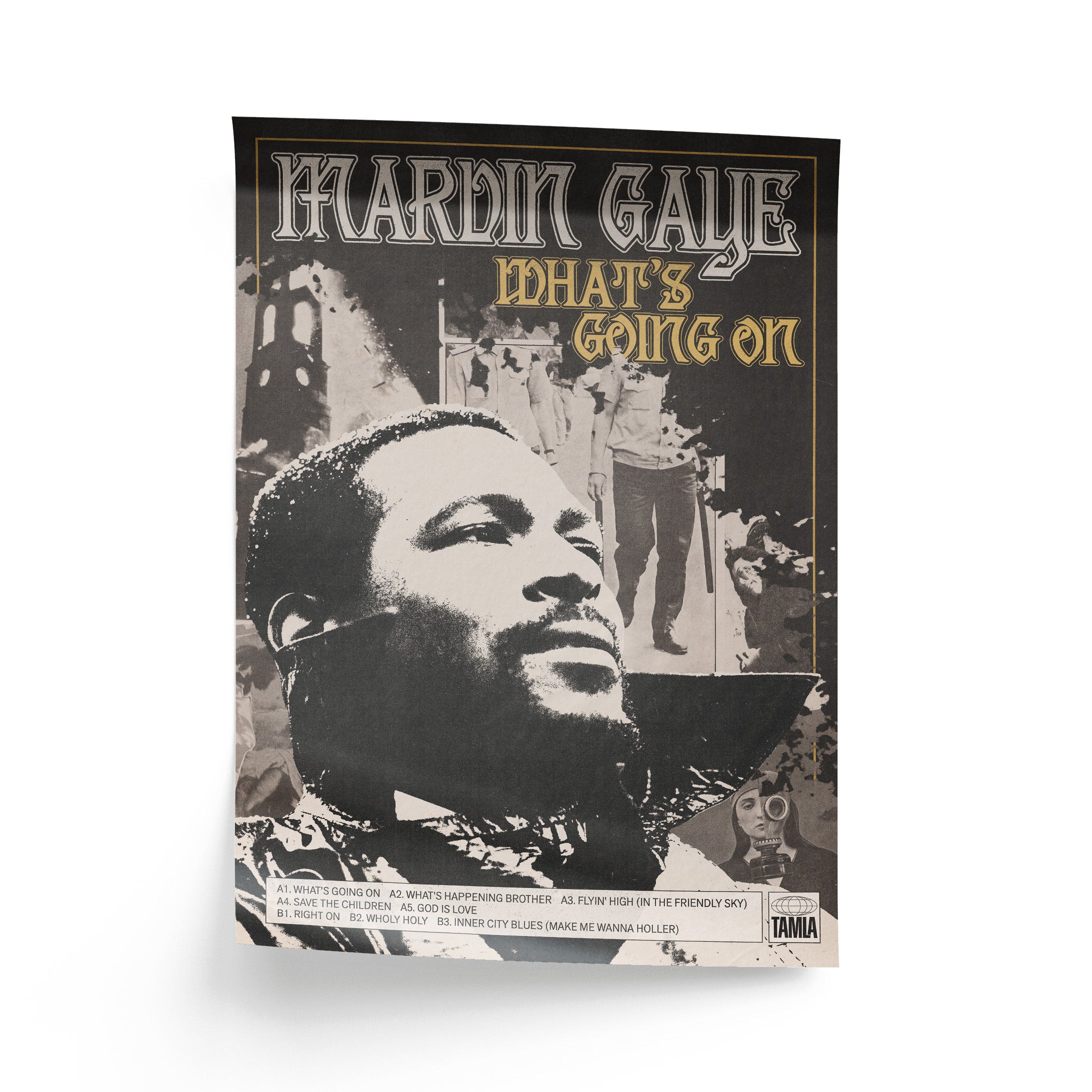 Album cover of 'What's Going On' by Marvin Gaye with a black and white portrait of the artist.