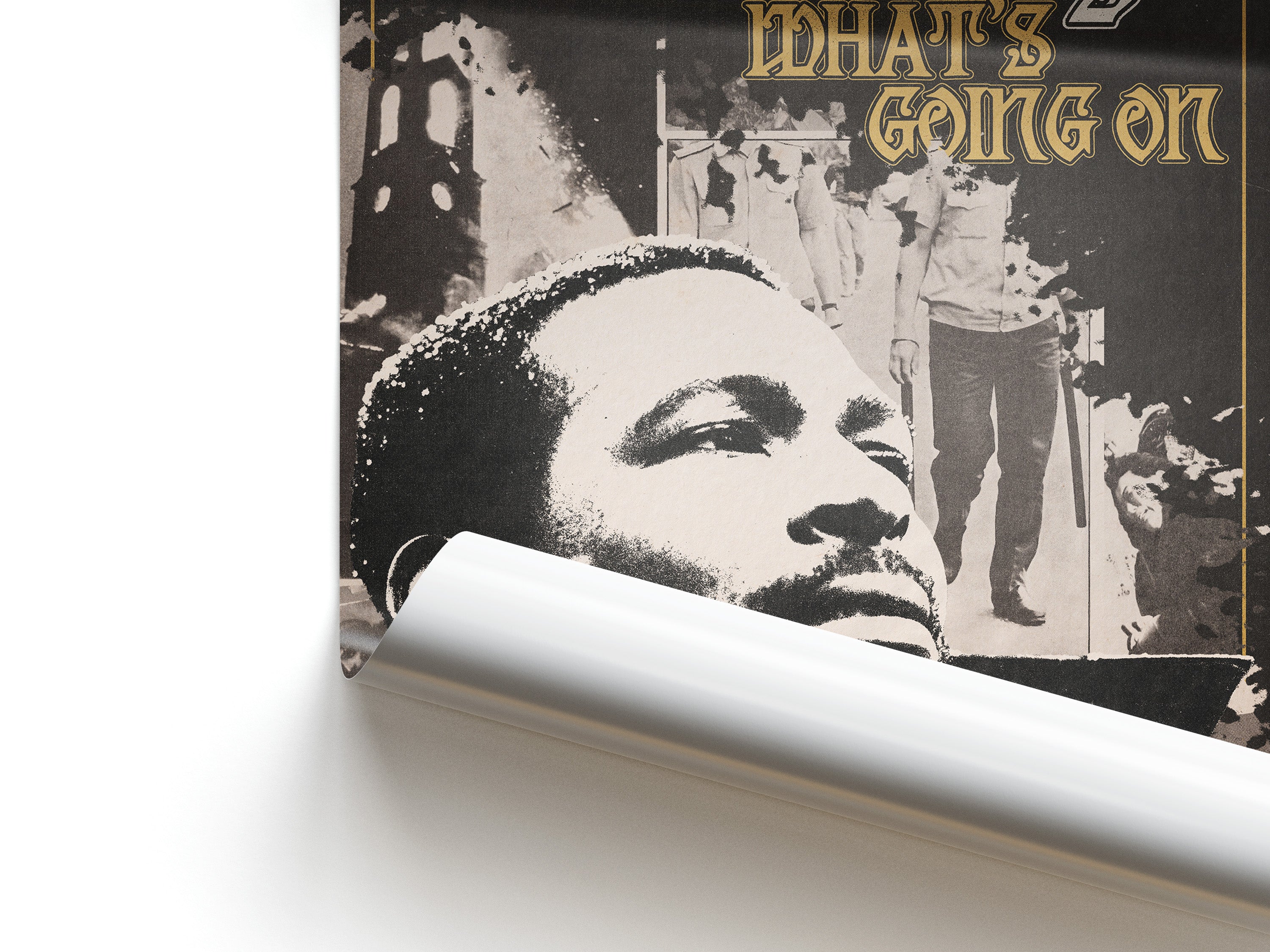 Album cover with a portrait and text 'What's Going On' on a white background