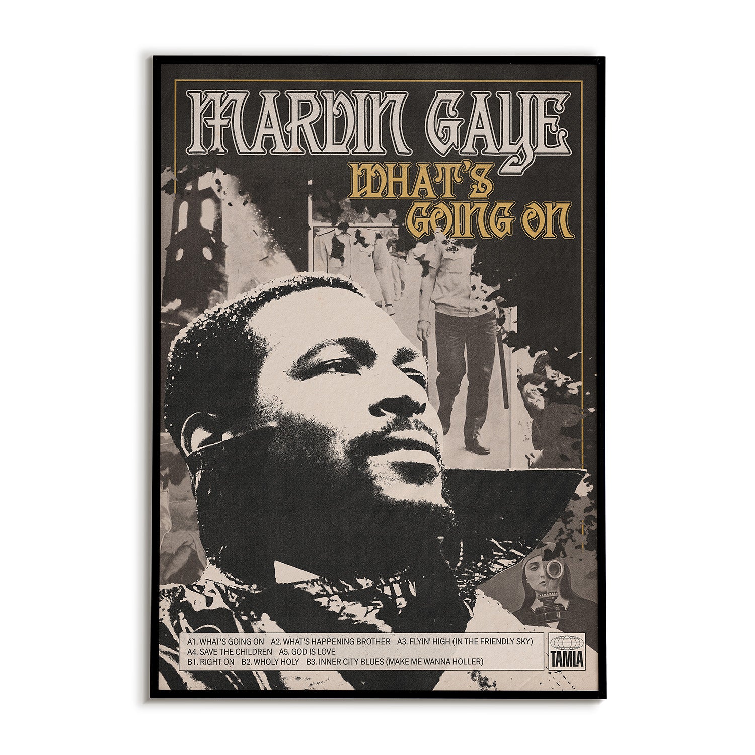 Poster of Marvin Gaye's 'What's Going On' album cover with black and white photo collage and text.