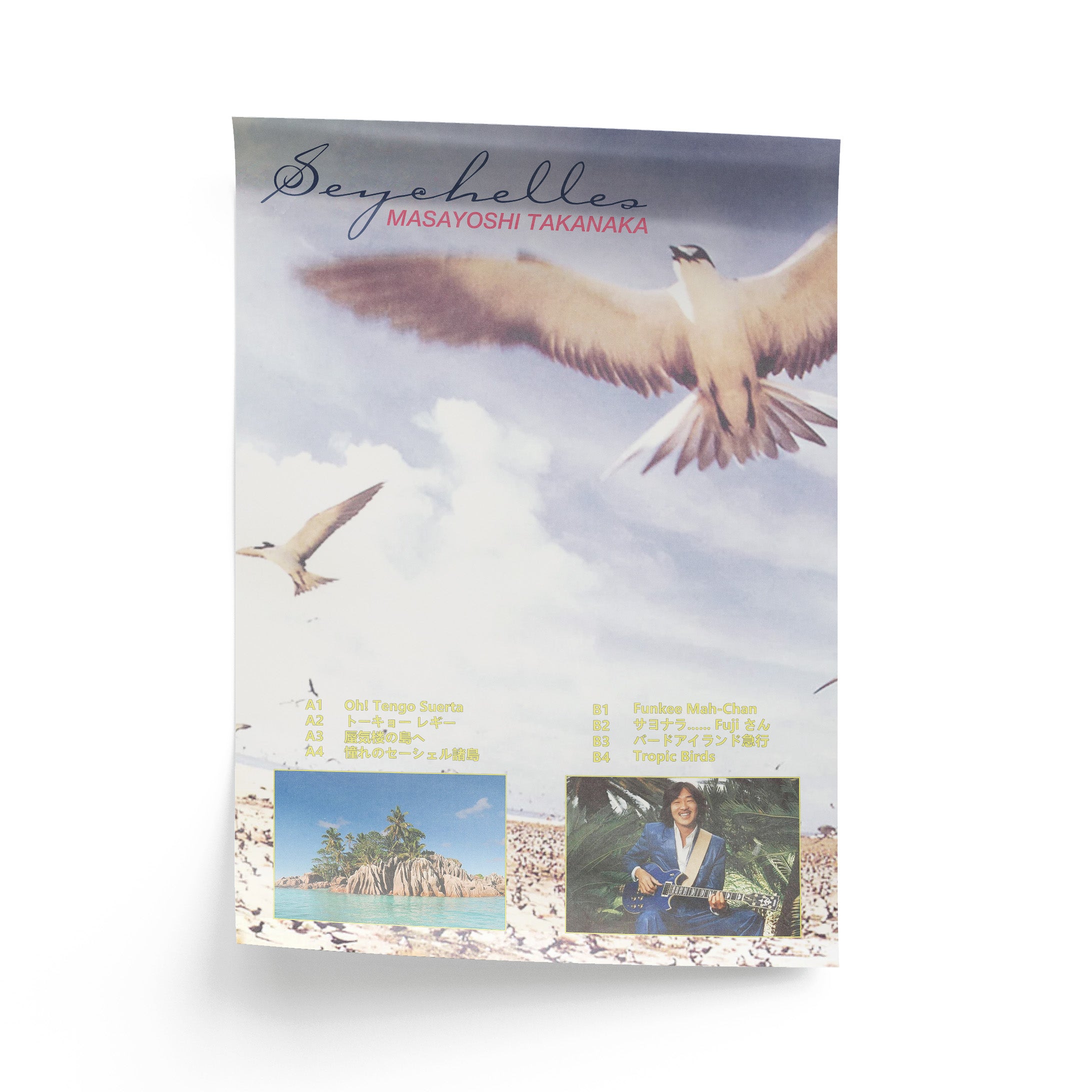 Album cover with seagulls, a person, and scenic images on a white background
