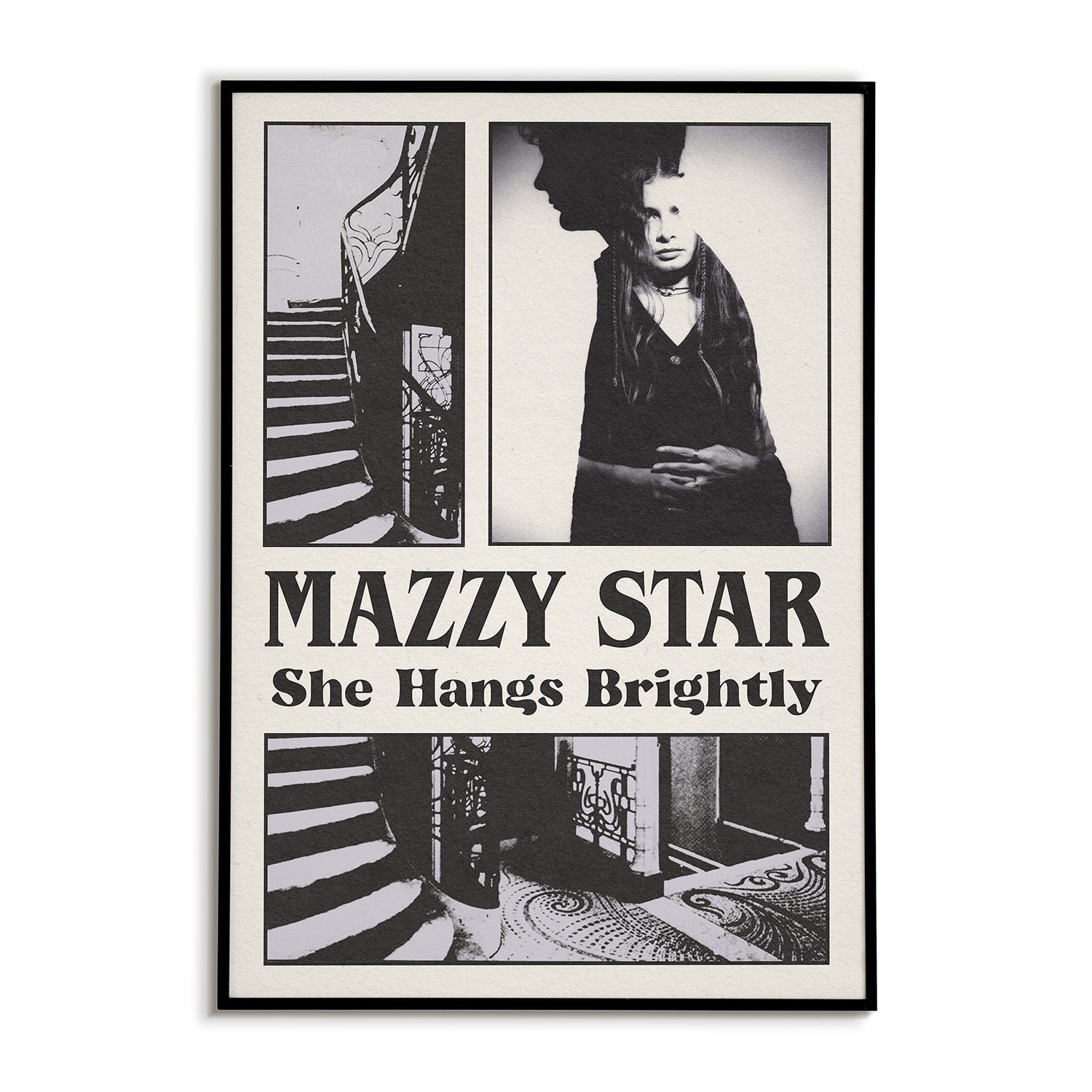 Framed poster of Mazzy Star with album cover and text 'She Hangs Brightly'. Features an overlayed picture of both band members alongside a collage style interpretation of the album cover.