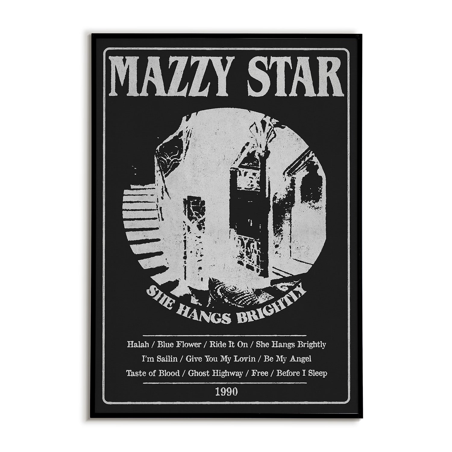 Framed poster of Mazzy Star album cover with black and white design.