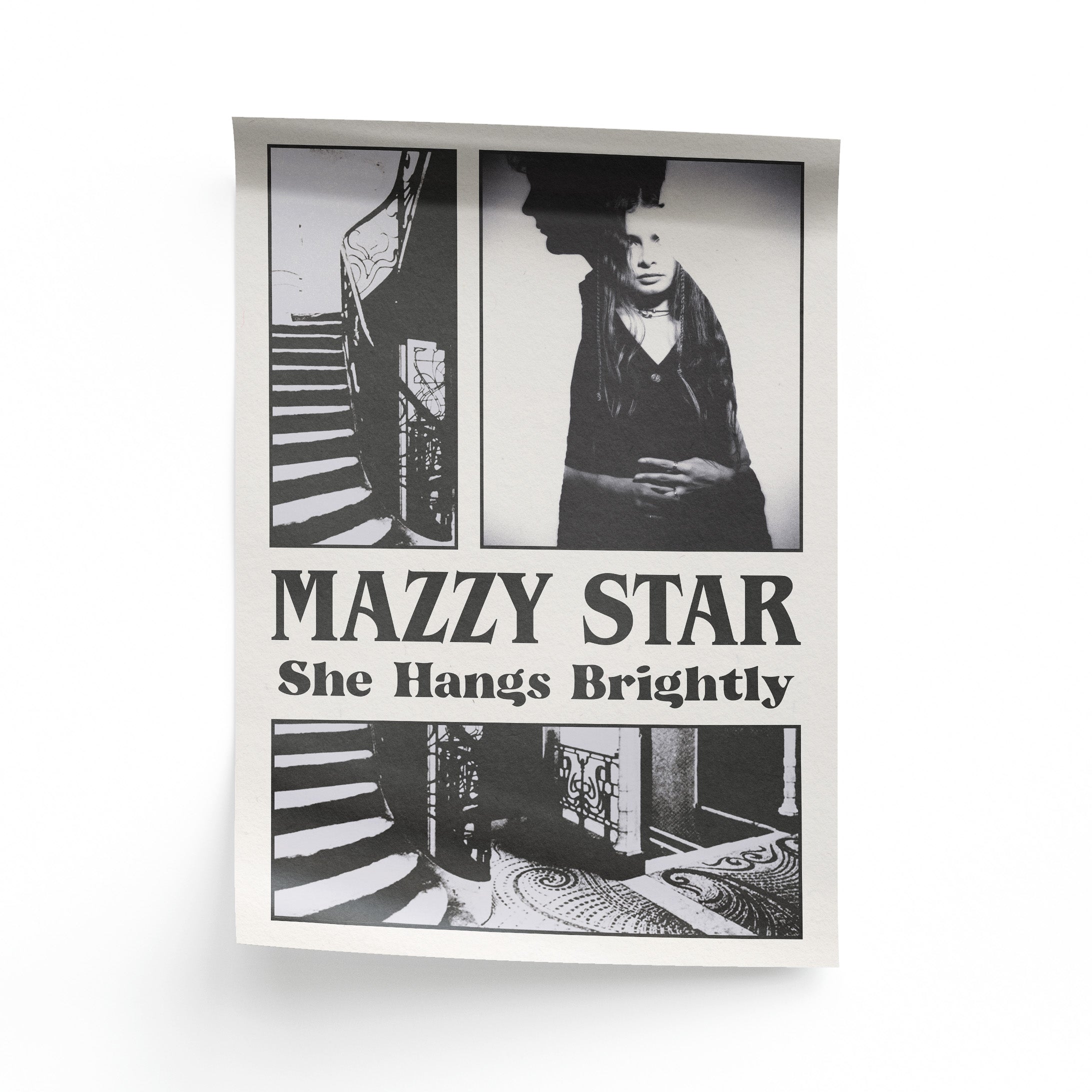 Poster for Mazzy Star's album She Hangs Brightly featuring a photo of Hope Sandoval and David Roback accompanied by images of a gothic stairwell.