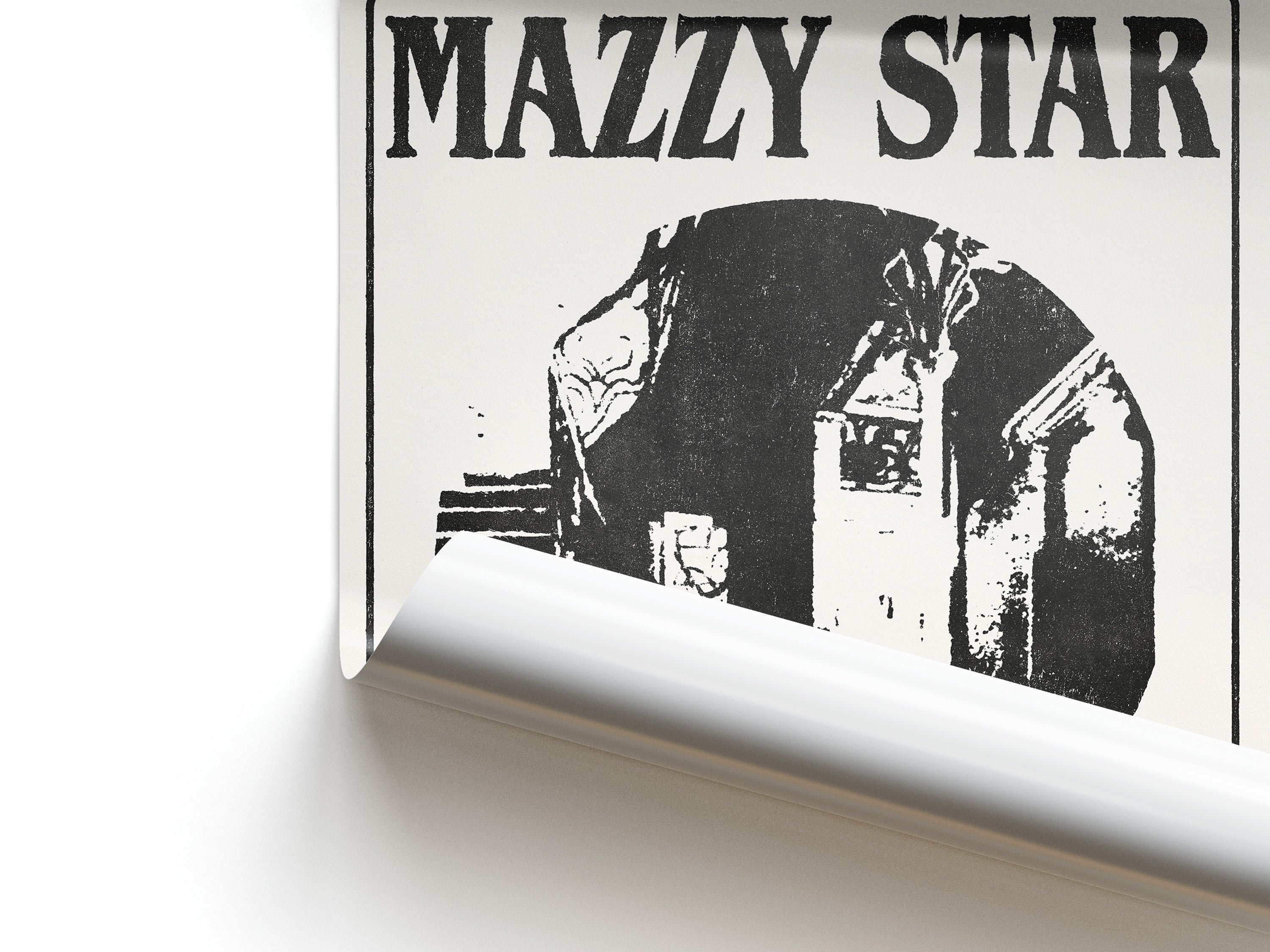 Mazzy Star album cover with black text and black and white illustration on a white background