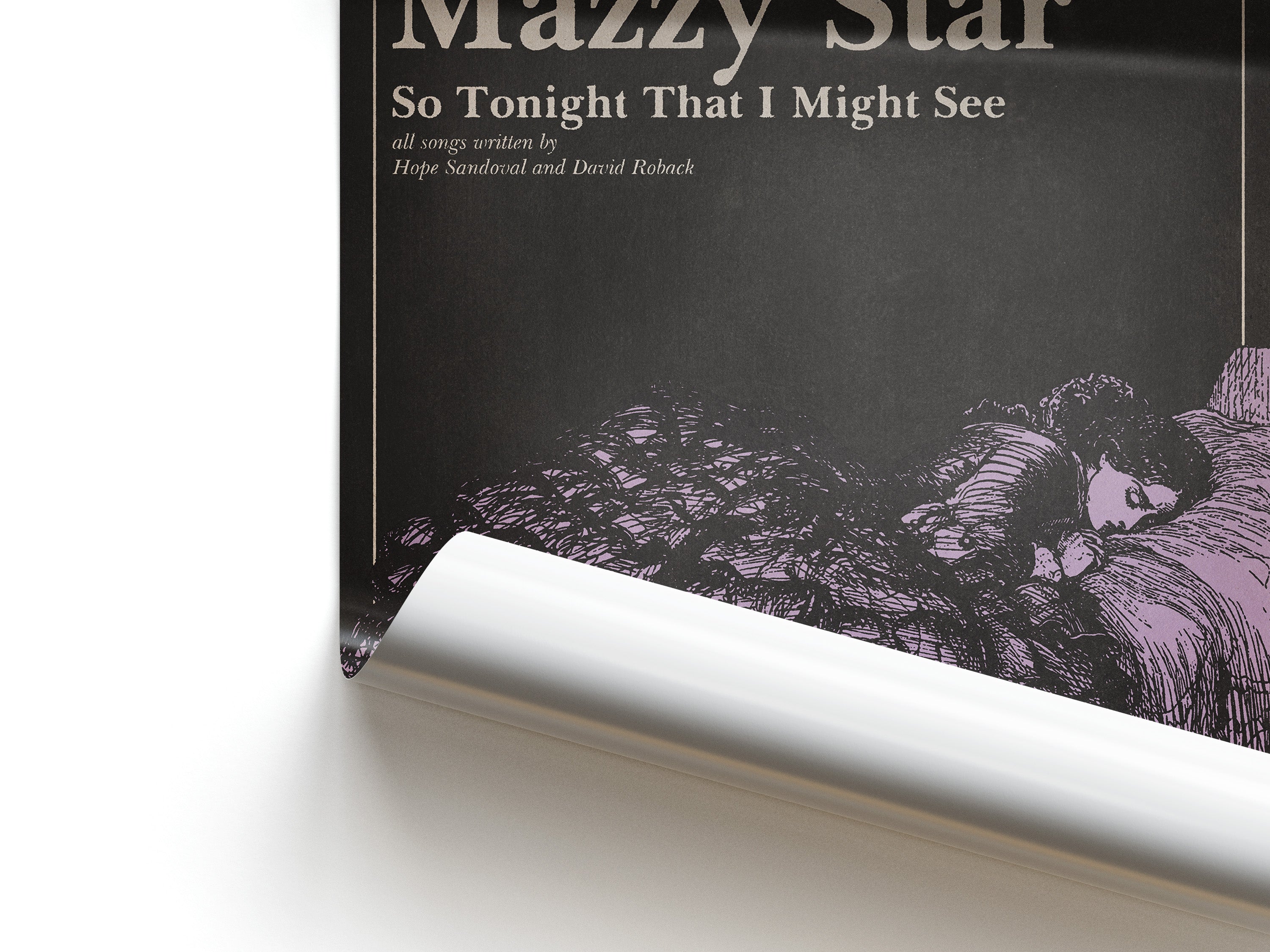 Album cover of Mazzy Star's 'So Tonight That I Might See' with a black and white illustration of a woman alone in bed. Includes the full track list at the bottom center of the print.