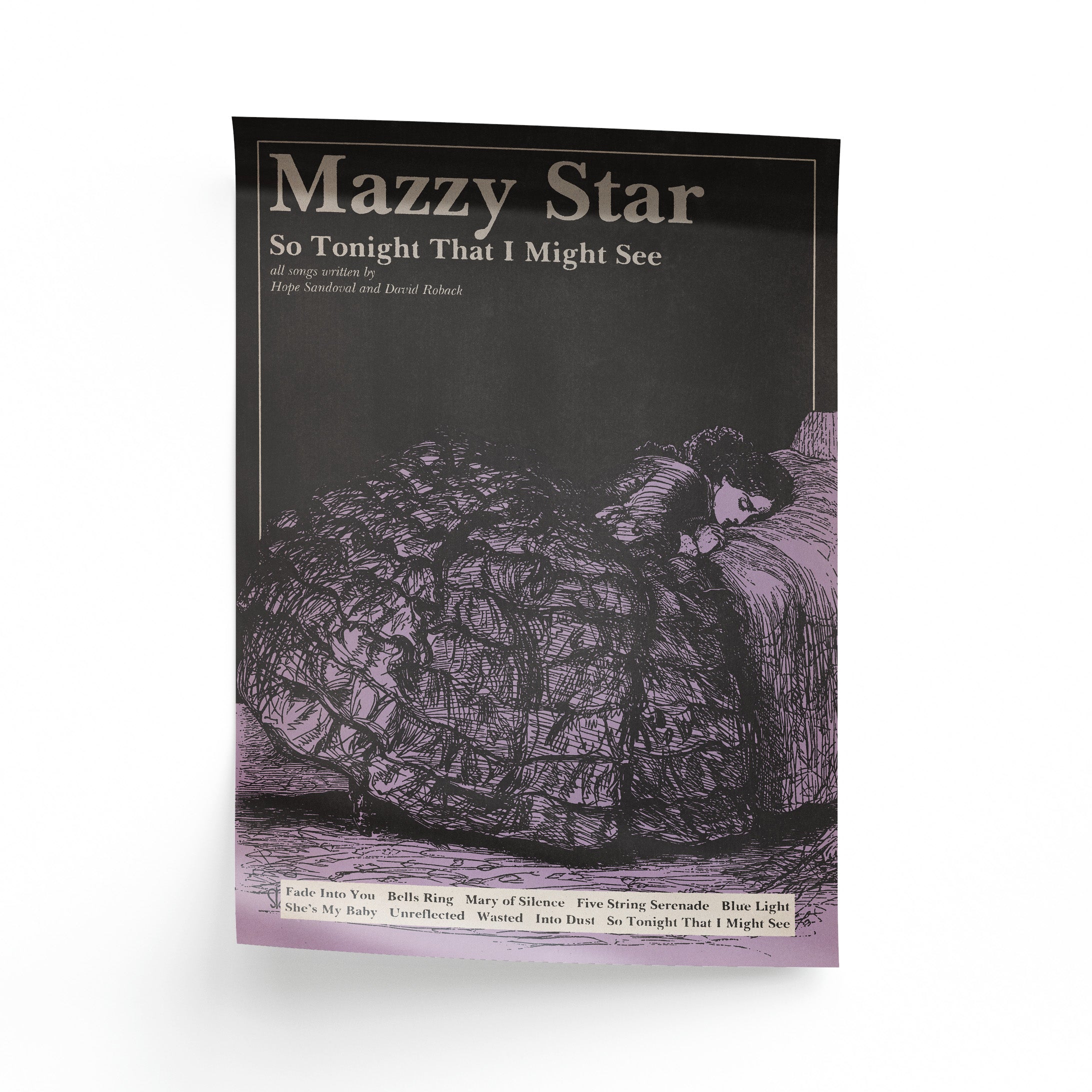 Album cover of Mazzy Star's 'So Tonight That I Might See' with a black and white illustration of a woman in a dress lying mournfully on a bed.