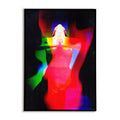 Colorful abstract art with a person's face and hands pressed together on a black background
