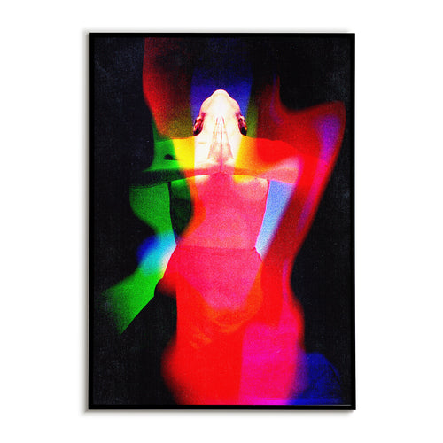 Colorful abstract art with a person's face and hands pressed together on a black background