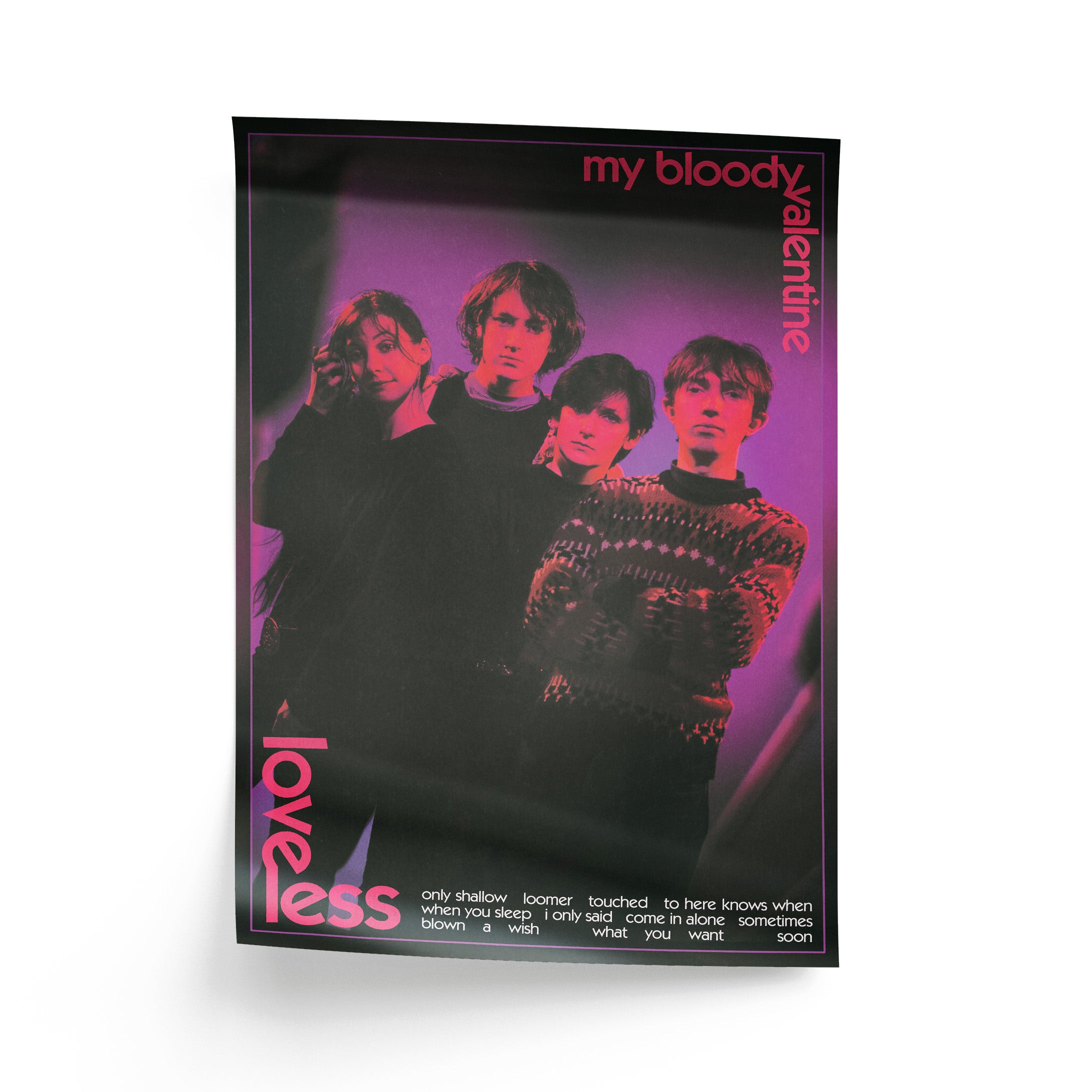 Framed poster of a band with 'my bloody valentine' text on a hazy purple, pink and black background