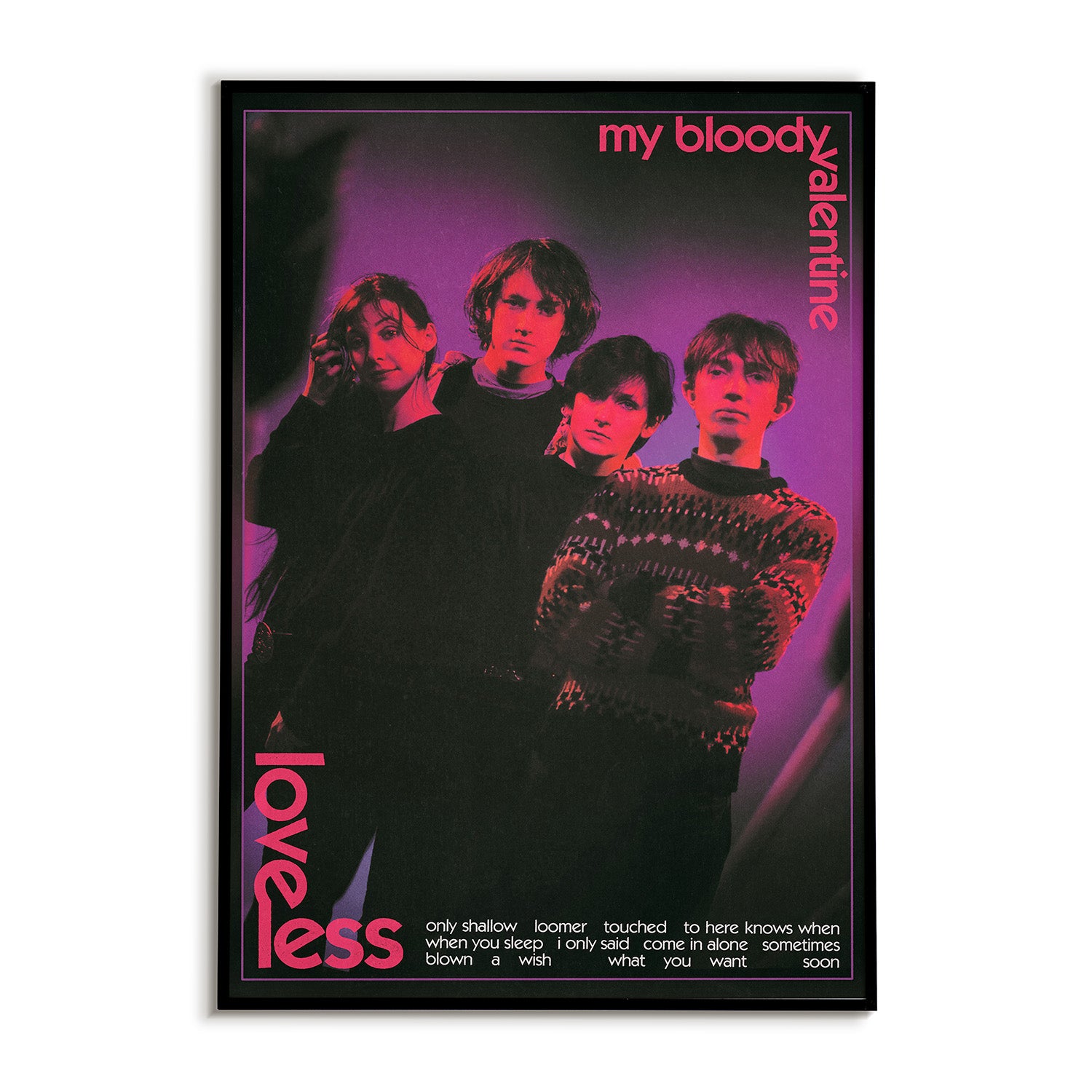 Poster of My Bloody Valentine with band members and album title 'Loveless' on a purple background.