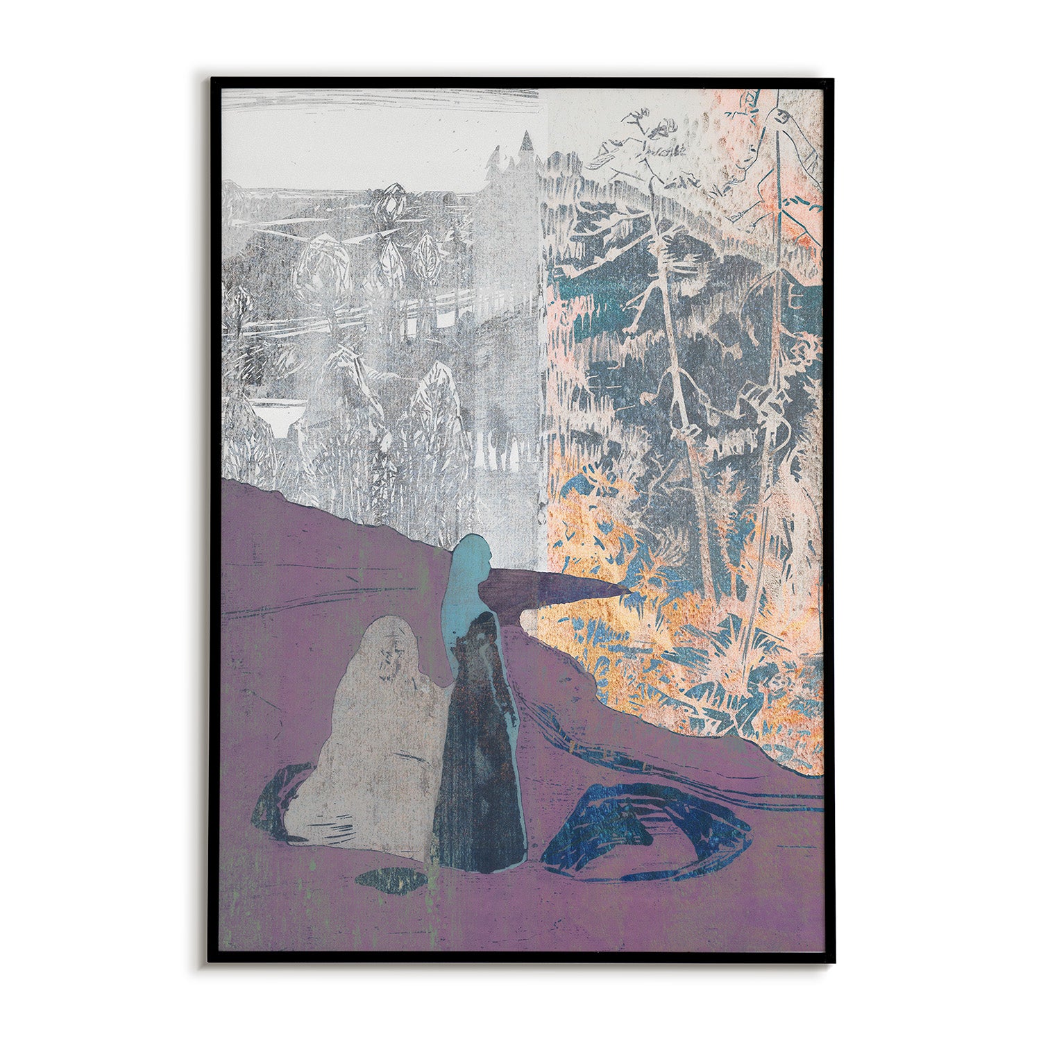 Abstract collage depicting two people standing on a shore looking out into a surreal landscape.