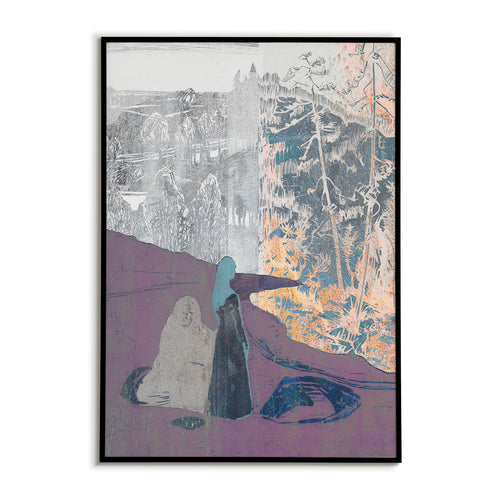Abstract collage depicting two people standing on a shore looking out into a surreal landscape.