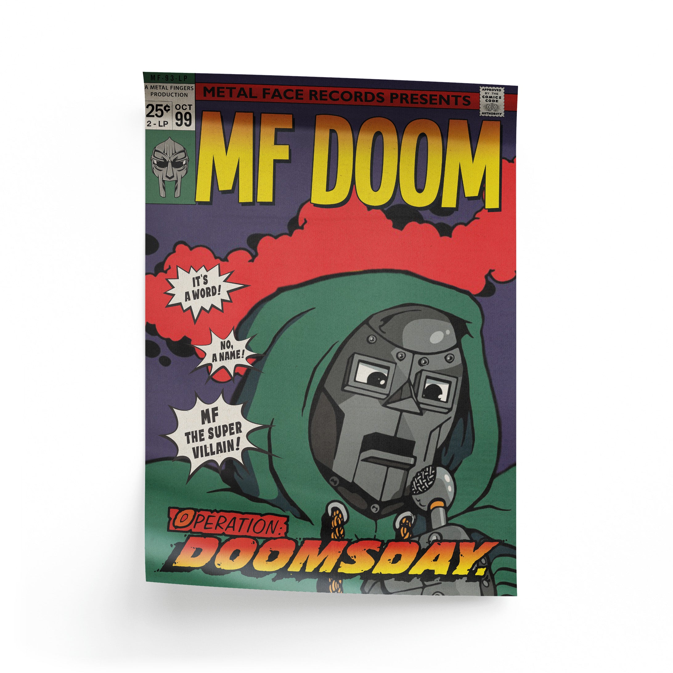Comic book-style poster featuring MF Doom with colorful text and graphics.