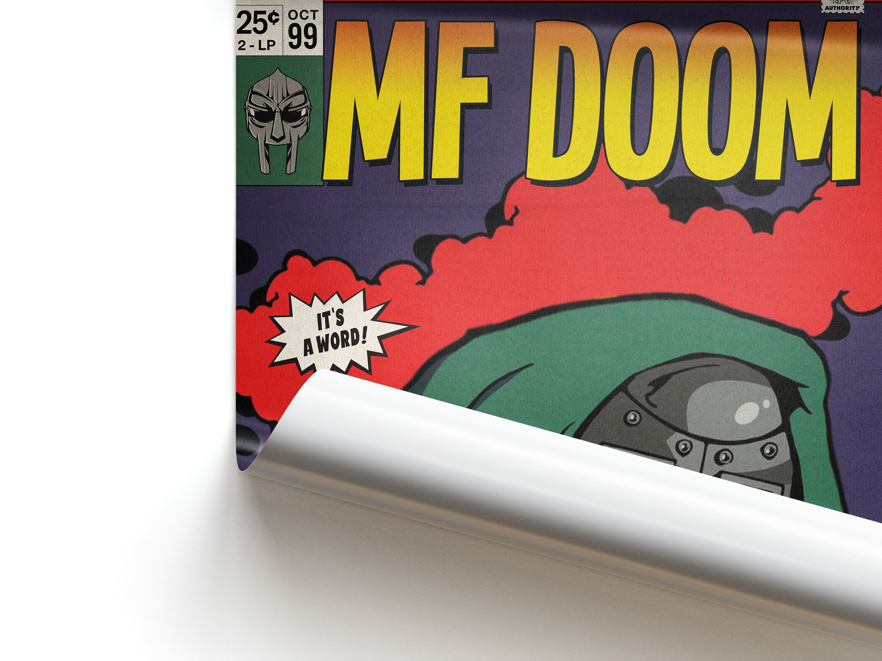 Comic book-style poster with 'MF Doom' text and character design on a white background