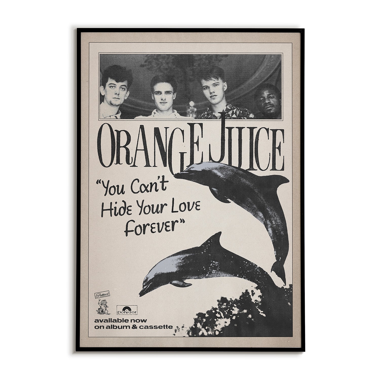 Vintage promotional poster for Orange Juice featuring dolphins and album/cassette release information.