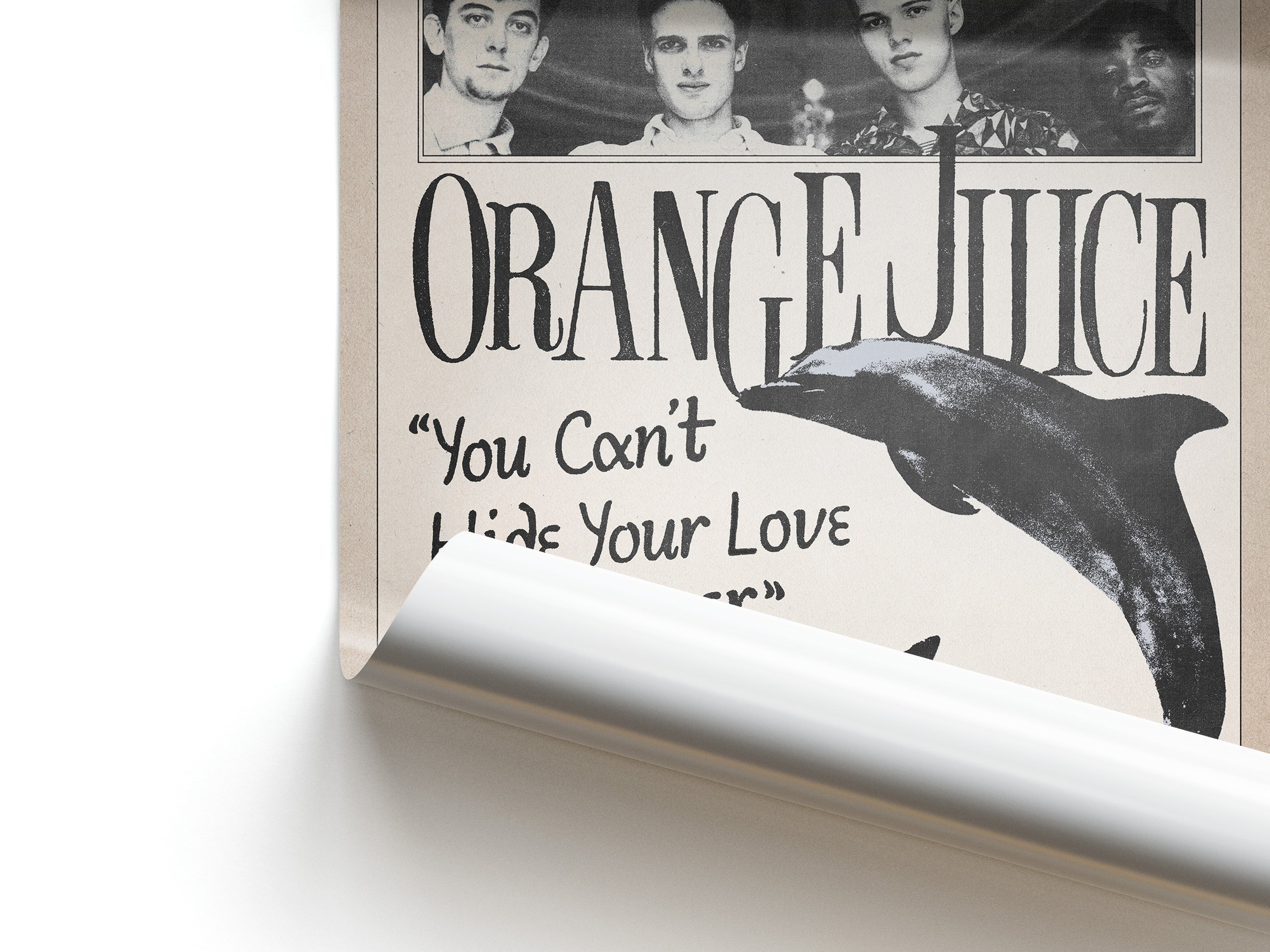 Album cover with 'Orange Juice' and a dolphin illustration on a white background